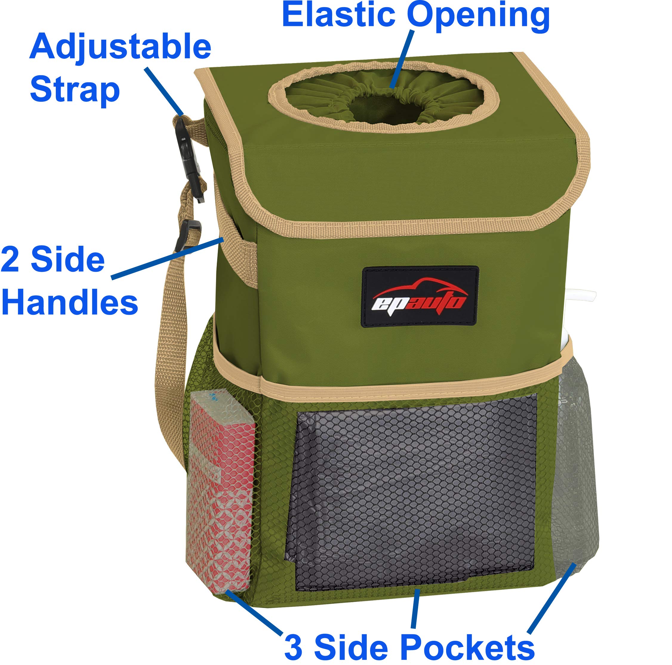 Epauto Waterproof Car Trash Can With Lid And Storage Pockets, Green