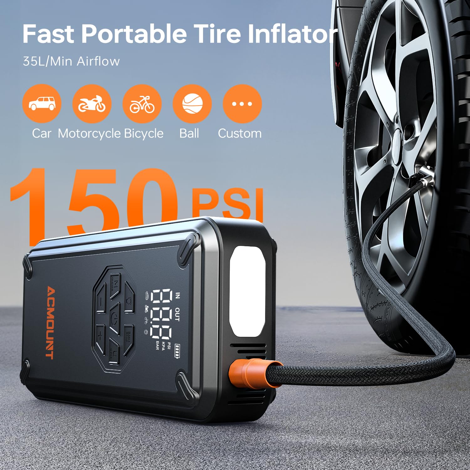 Acmount W160 Jump Starter With Air Compressor, 5000A Car Jump Starter 150Psi Tire Inflator, 12V Car Battery Jumper Pack For Up T