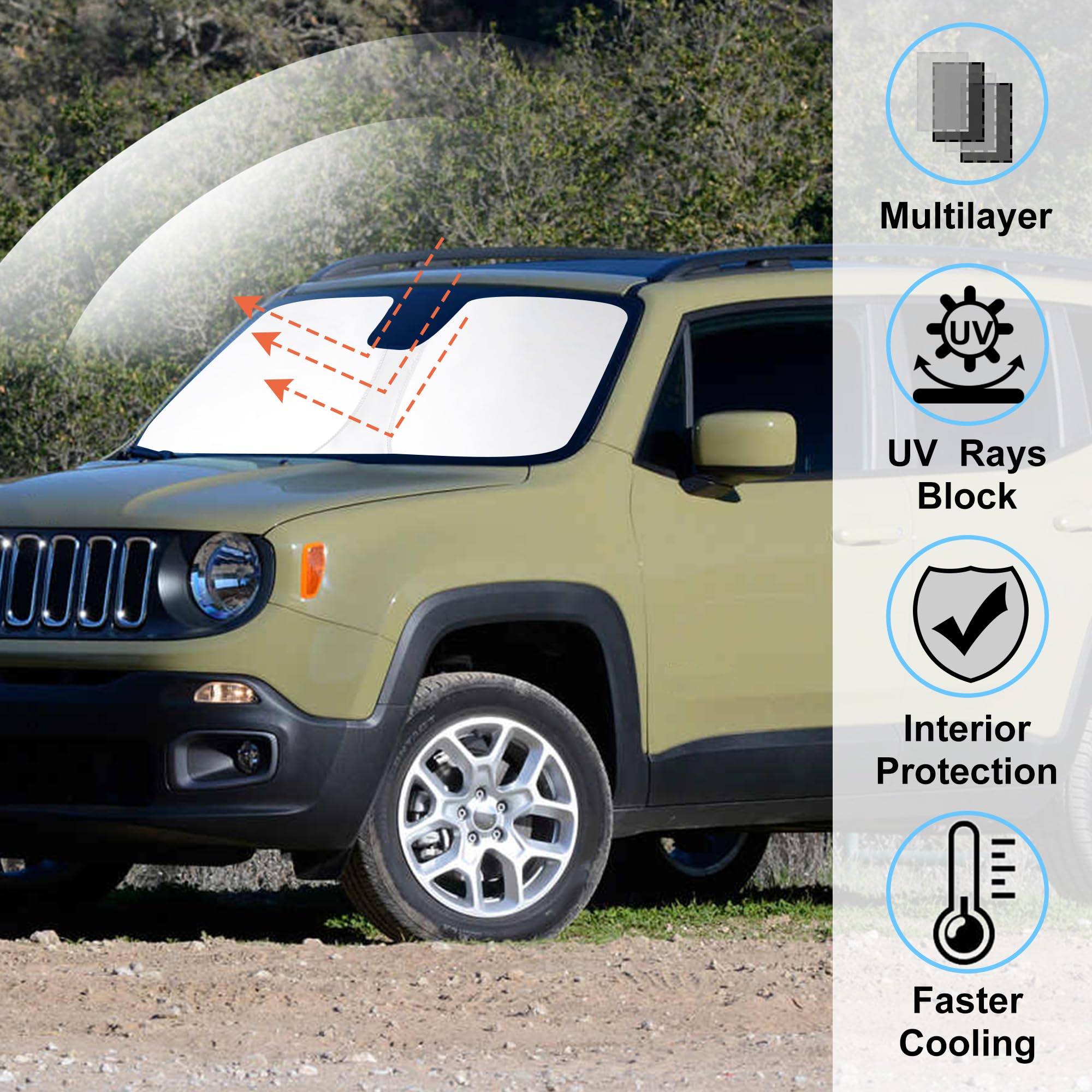 Windshield Sun Shade Custom Fit For 2015-2024 Jeep Renegade Accessories Foldable Sunshade Sun Blocker Protect Car From Sun Rays