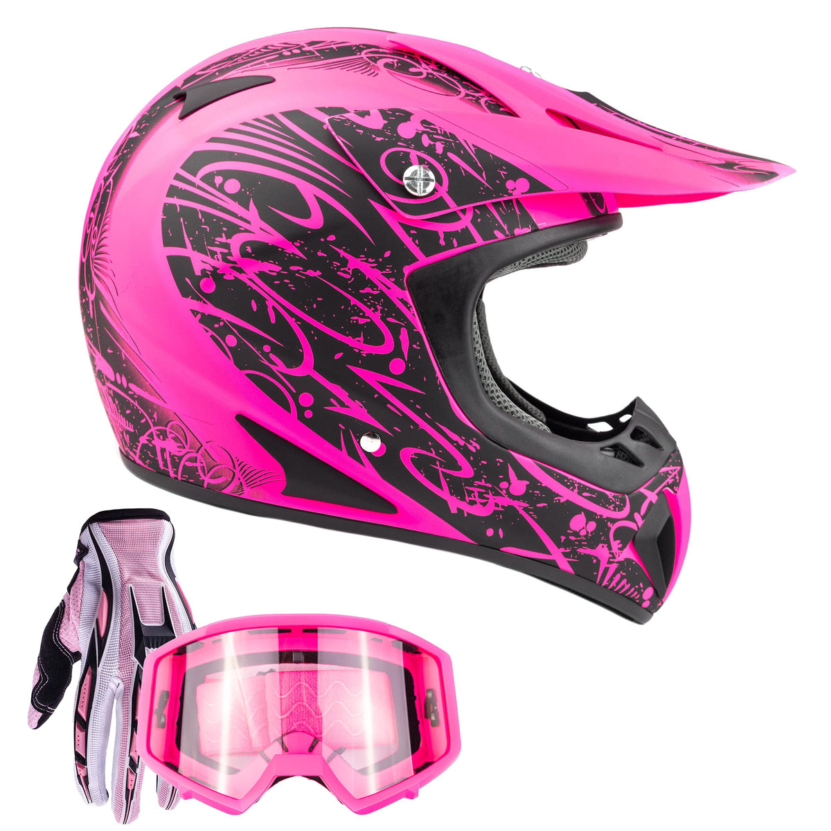 Typhoon Adult Women'S Dirt Bike Atv Helmet Motocross Goggles And Gloves Combo - Matte Pink With Pink ( Small )
