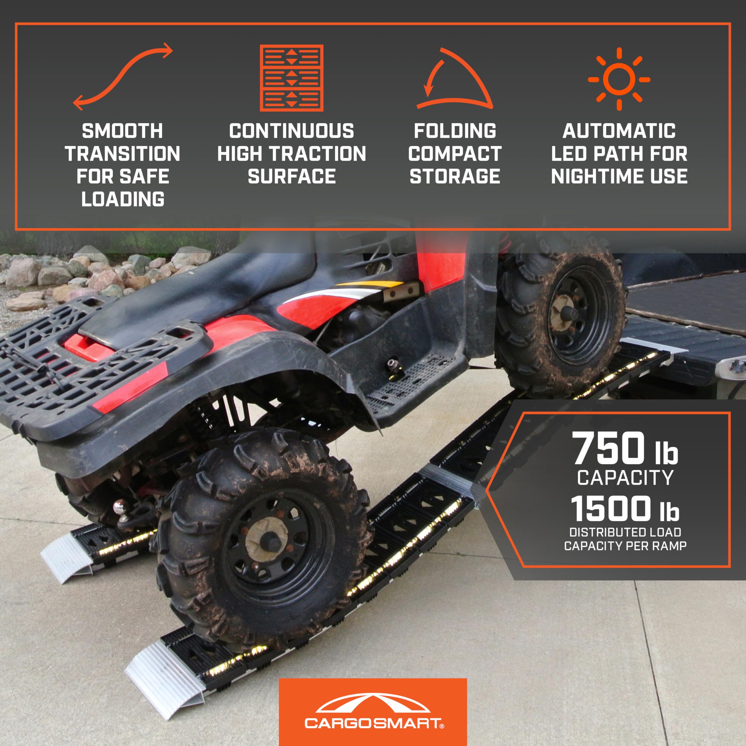 Cargosmart Led Hybrid S-Curve Centerfold Loading Ramp, 1 Pack - 1,500Lb Per Pair Capacity, 12    W X 90    L - Aluminum Ramp Wit
