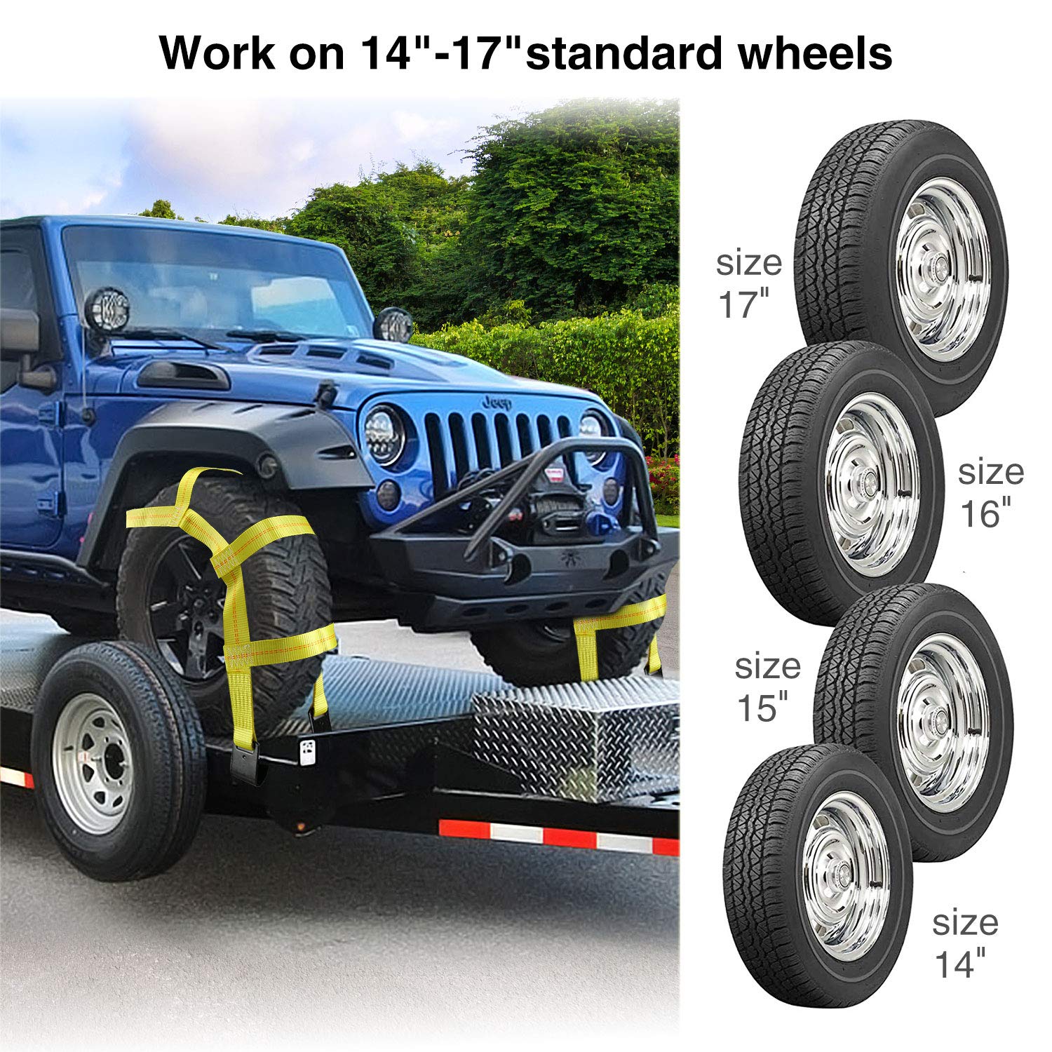 Trekassy Tow Dolly Straps For Car With Flat Hooks-2 Pack, Heavy Duty Car Tire Bonnet Net Fits 14''-17'' Tires, 10, 000 Lbs Break