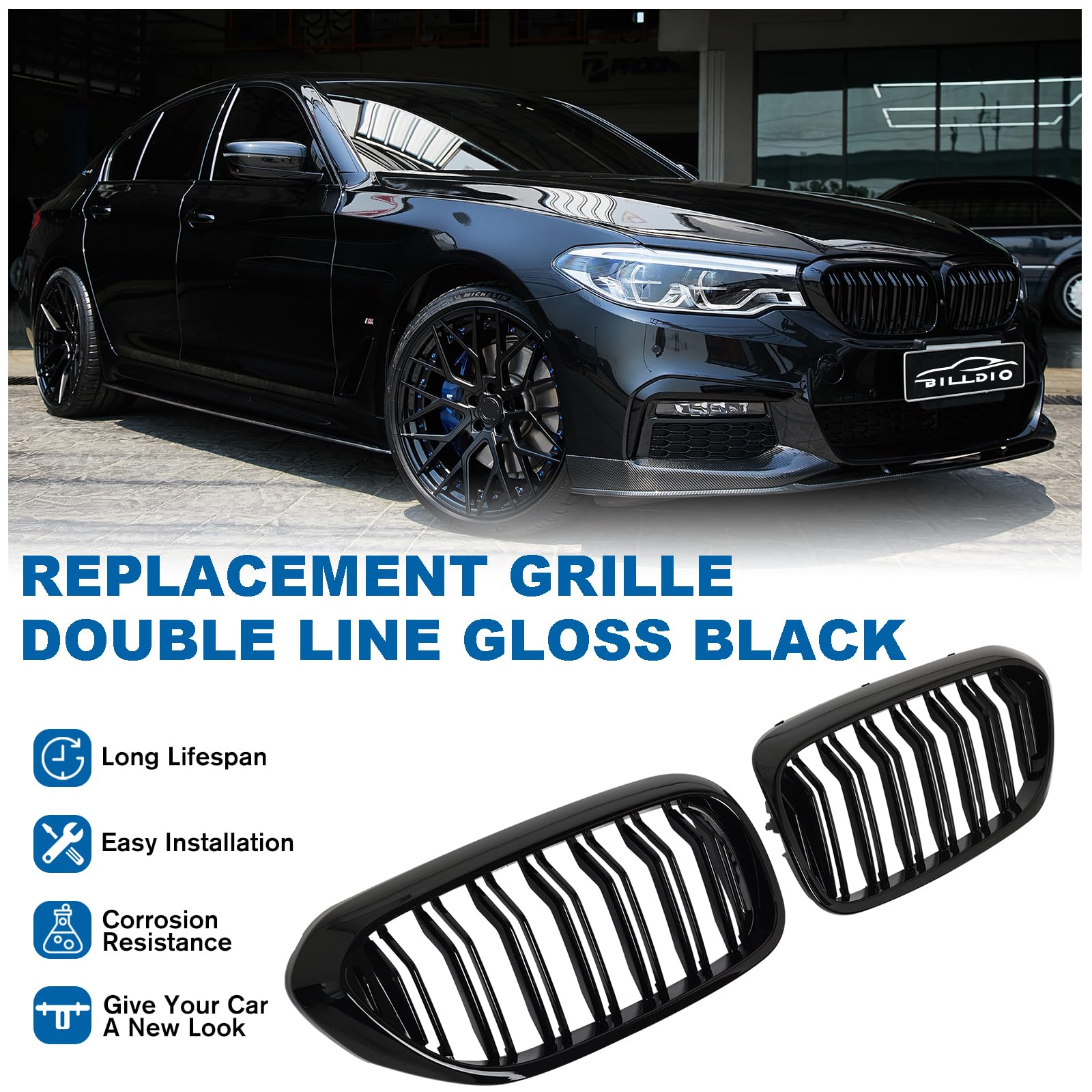 Billdio G30 Grille - Front Kidney Grille Double Slats Glossy Black Compatible With 2017 2018 2019 2020 Bmw 5 Series 530E 530E Xd
