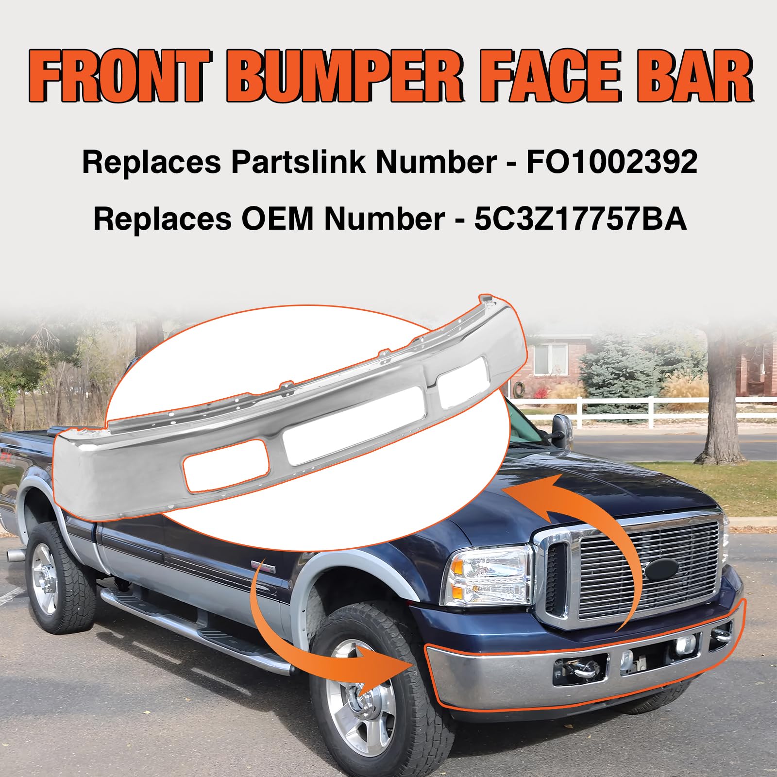CarPartsDepot Front Bumper Face Bar Chrome Compatible With 2005-2007 Ford F250 F350 Super Duty Excursion Pickup 5C3Z17757BA FO10