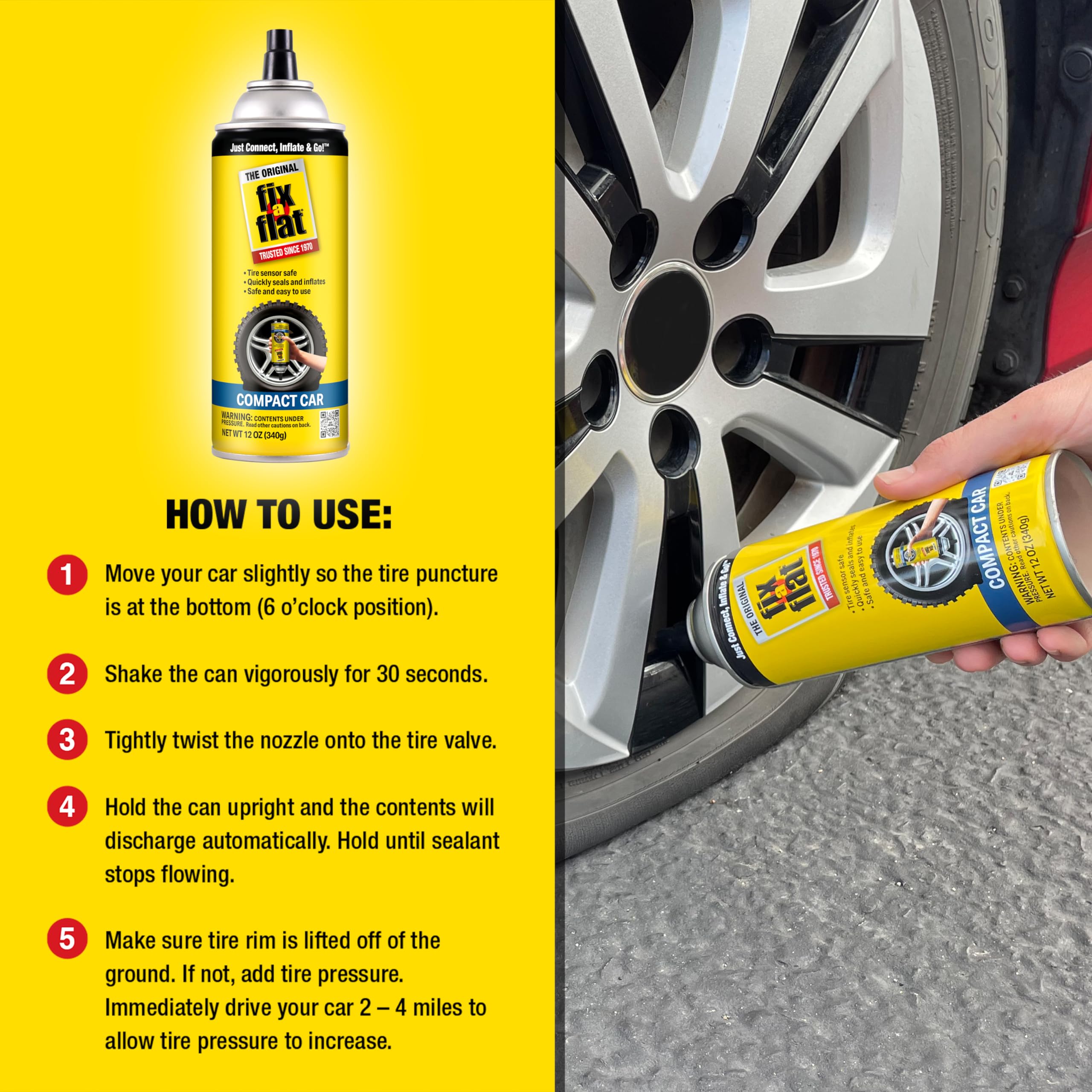 Fix-A-Flat S60410 Aerosol Emergency Flat Tire Repair And Inflator, For Compact Tires, Eco-Friendly Formula, Universal Fit For Al