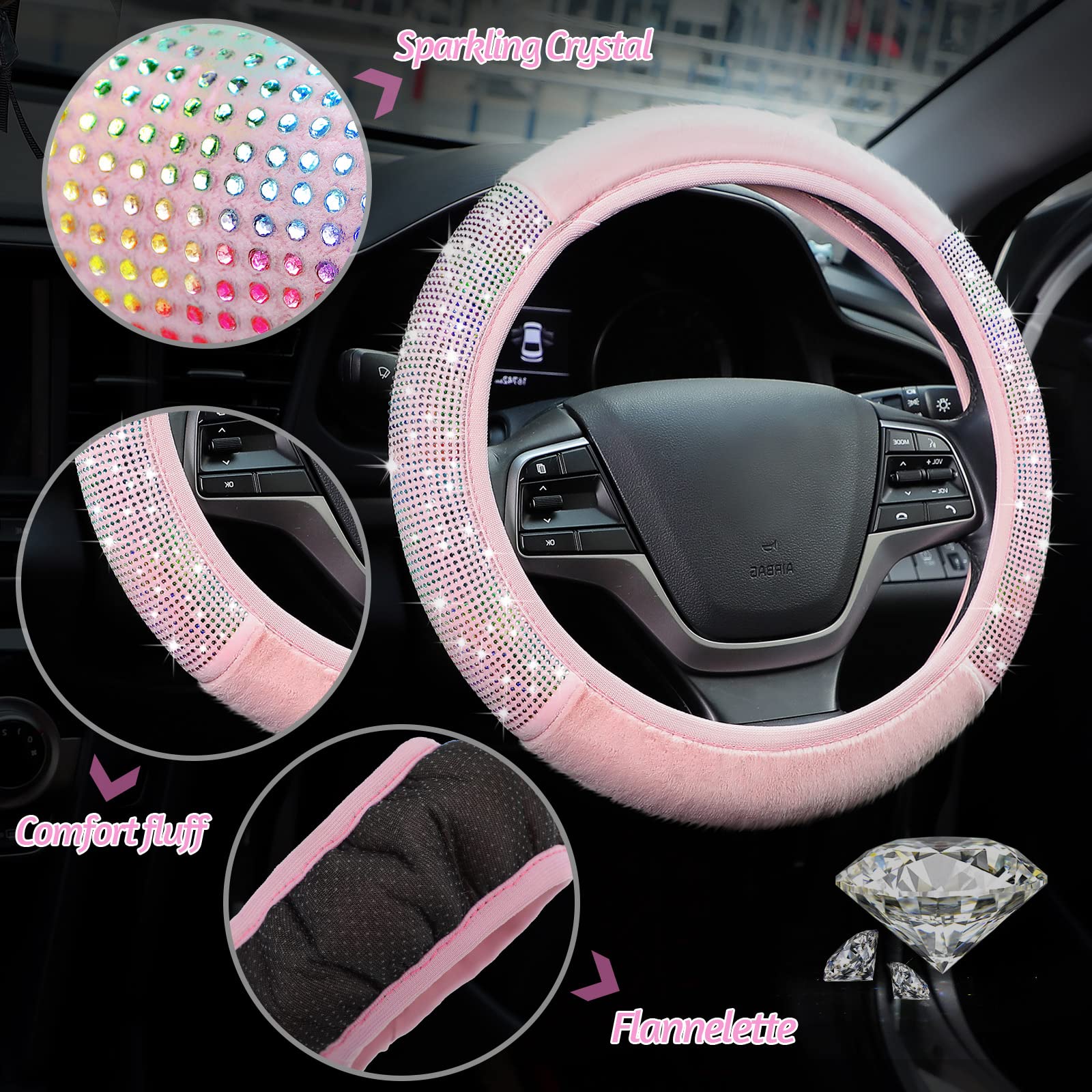 10 Pcs Pink Car Accessories Set, Pink Steering Wheel Cover Fluffy Armrest Box Mat Handbrake Cover Seat Belt Shoulder Pads Gear S