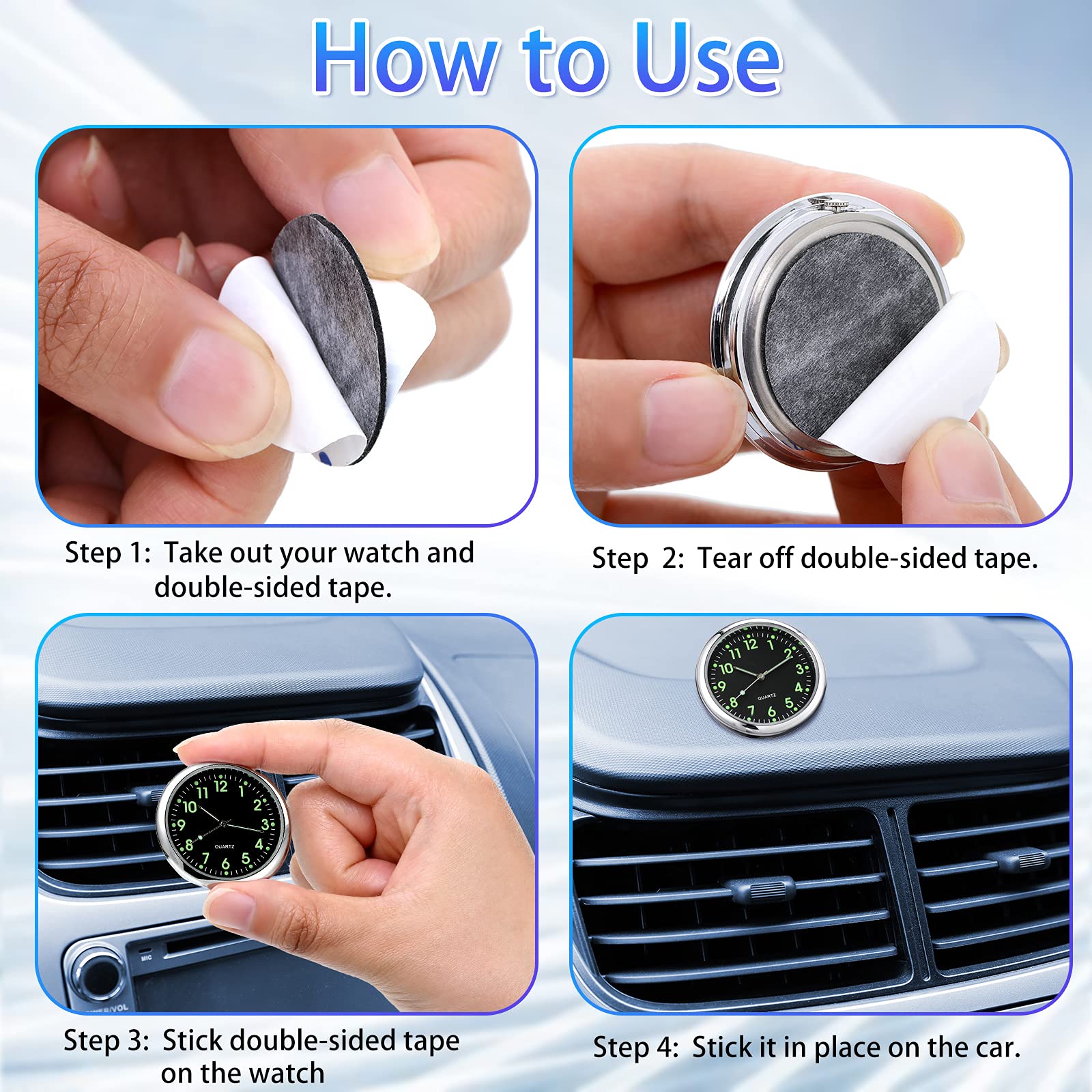 2 Pieces Stick on Dashboard Car Clock Mini Tiny Small Luminous Car Vent Clocks Watch for Dashboard Boat Bike Home (Black, White)