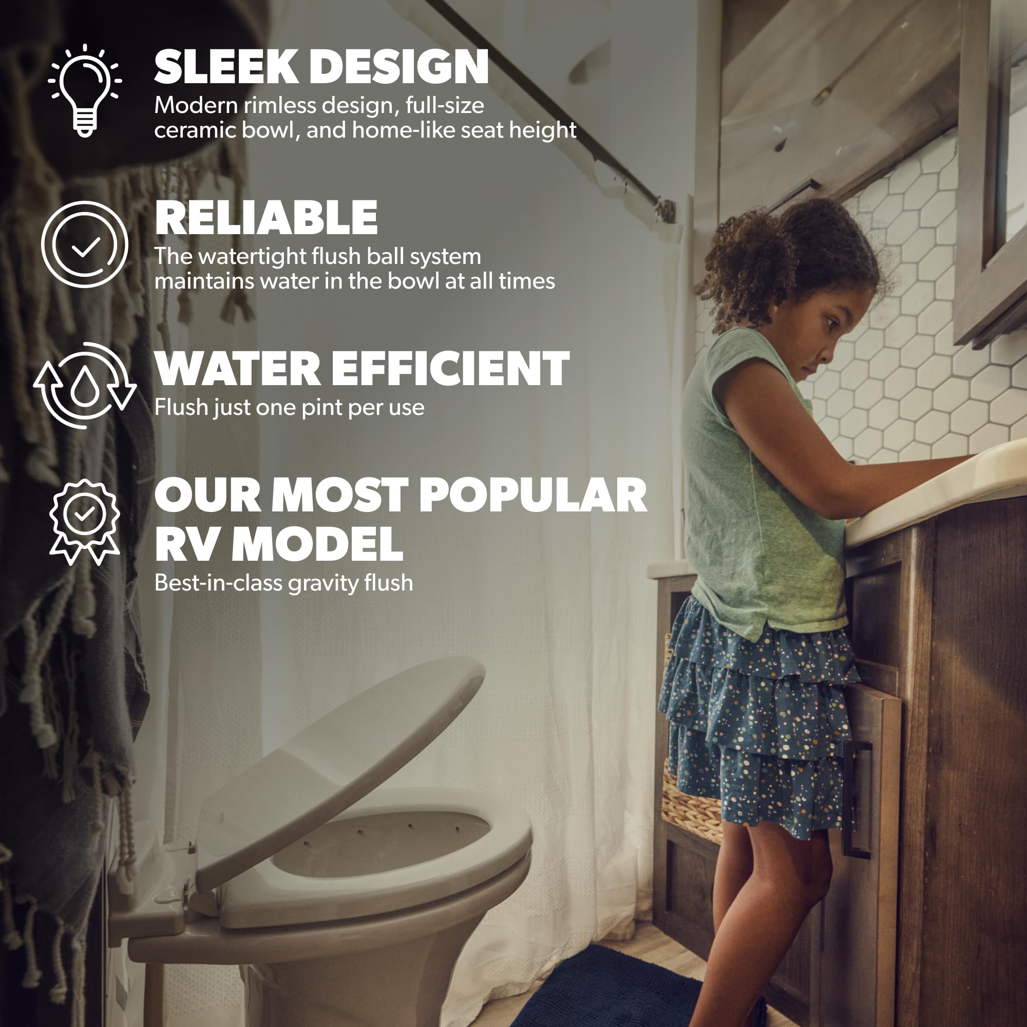 Dometic 302310031 310 Series Standard Height Toilet 19.75'' Height, Slow Close Wood Seat, White