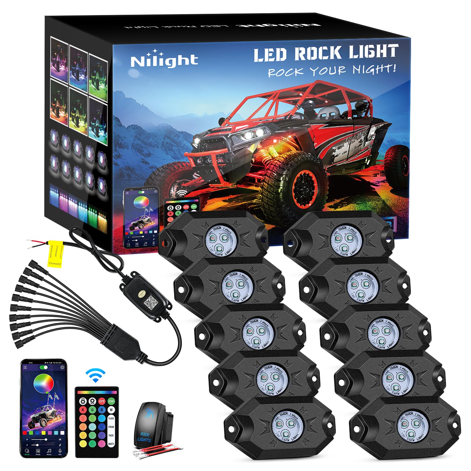 Nilight Rgb Led Rock Lights Kit 10 Pods Underglow Multicolor Neon Light Pod With Remote & Bluetooth App Control Diy Flashing Mus