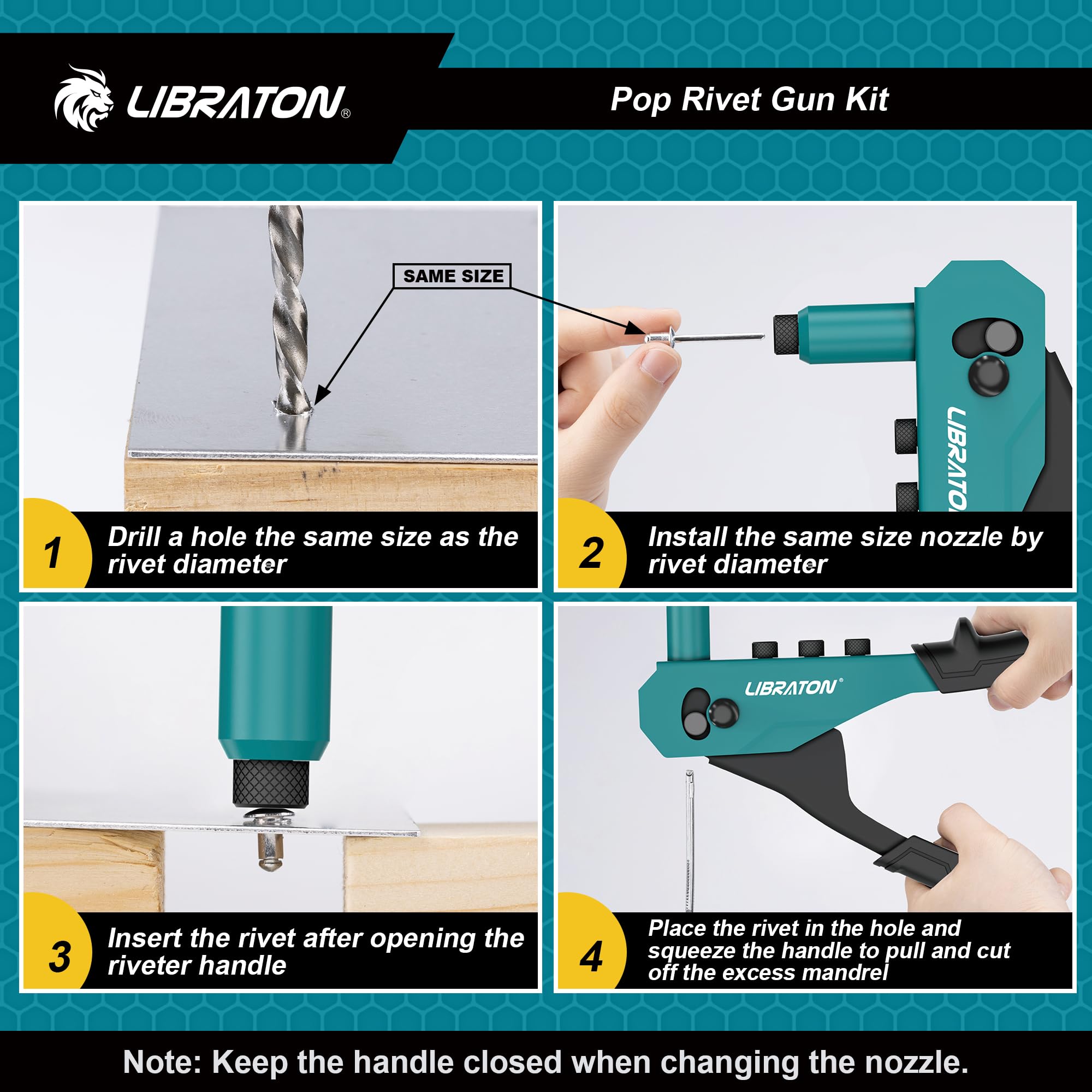 Libraton Rivet Gun Kit, Pop Rivet Gun, Heavy Duty Rivet Tool, Professional Hand Riveter, Manual Riveting Tool With 120 Blind Riv