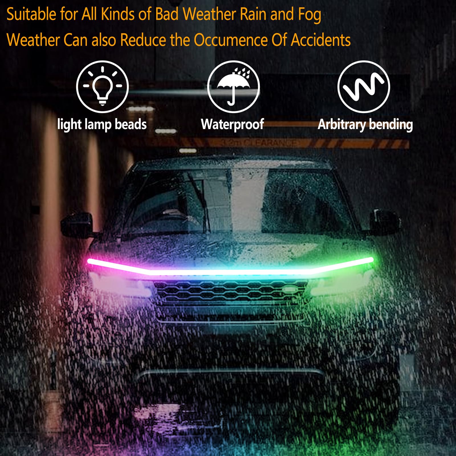 Hconce 71 Inches Rgb Multicolor Dynamic Scanning Starter Hood Lights, Car Led Hood Light Strip, Exterior Flexible Headlight Wate