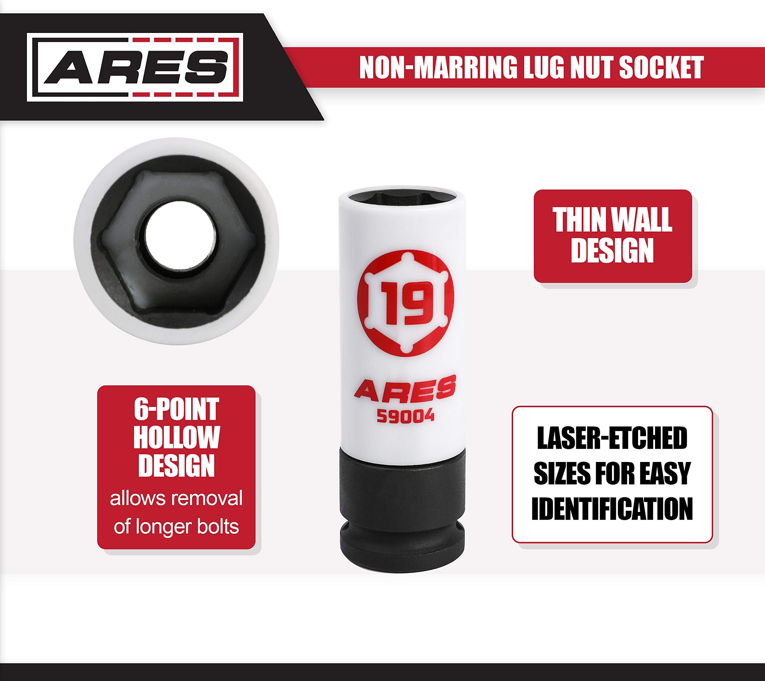 Ares 59004-19Mm 1/2-Inch Drive Non-Marring Impact Lug Nut Socket - Protective Sleeve Prevents Damage To Custom Rims & Lug Nuts -