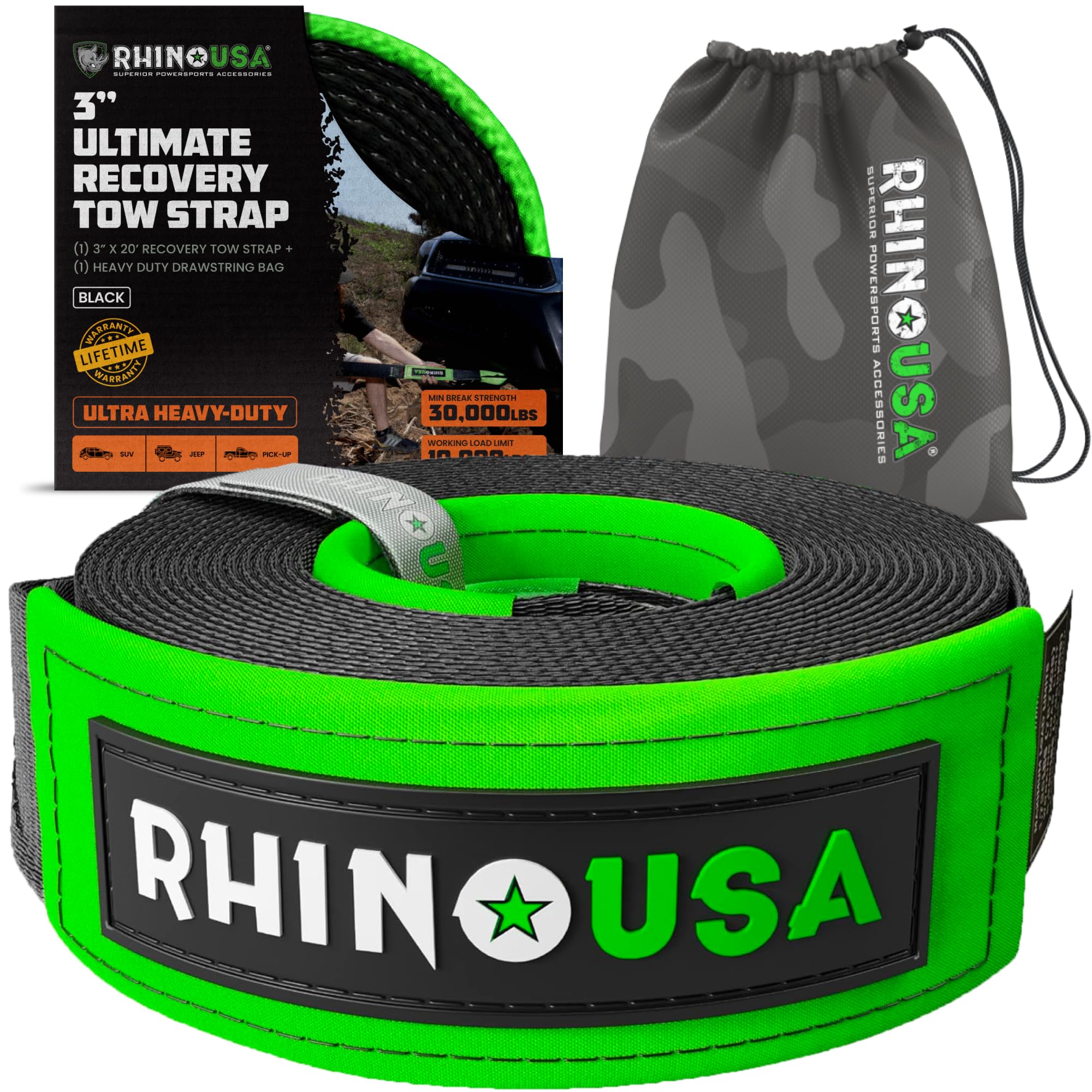 Rhino USA Recovery Tow Strap (3'' x 20') - 31,518lb Break Strength - Emergency Recovery Strap Tow Rope for Truck, UTV, ATV & Mor