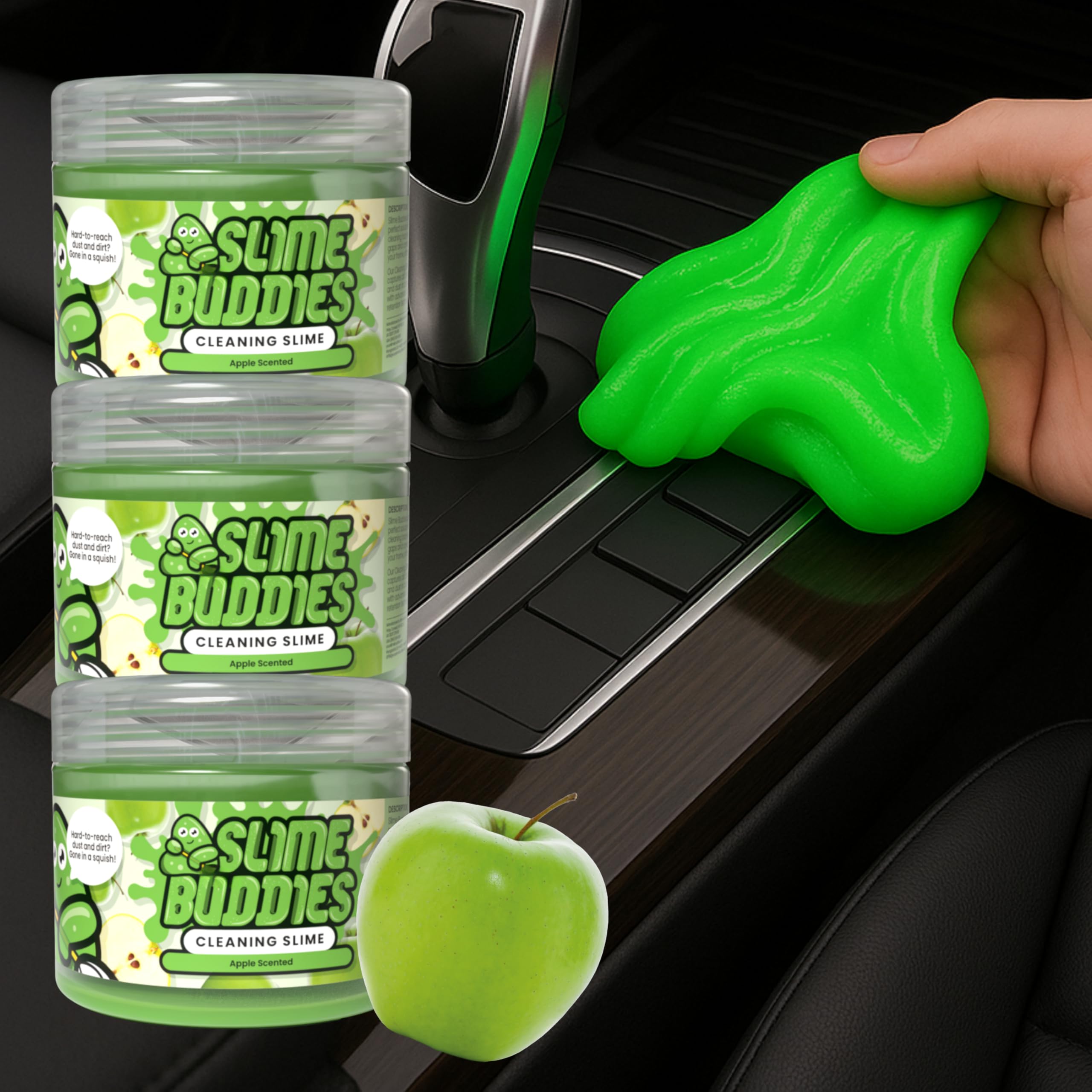 Slime Buddies Car Cleaning Gel Putty - 3 Pack Apple Scented Interior Detailing Tool for Cup Holder, Air Vent & Keyboard - Reusab