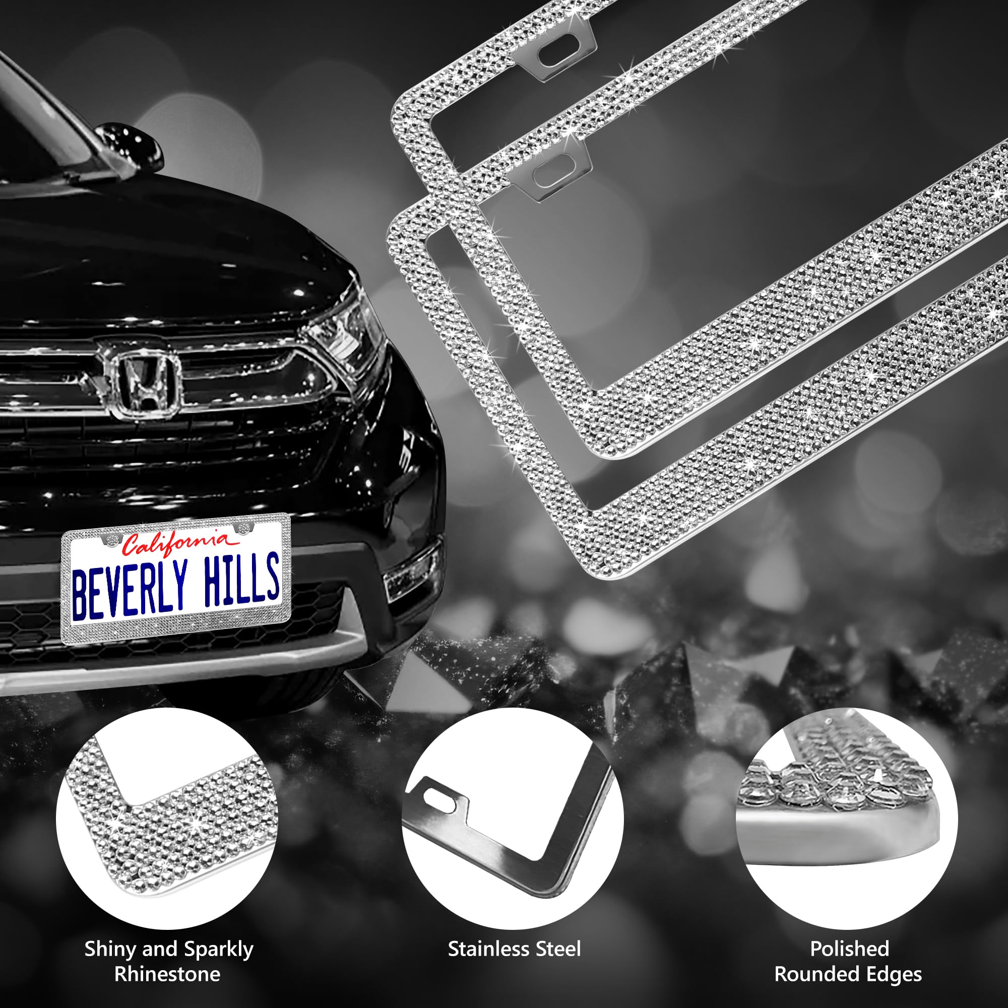 Motorfi 2 Pack Silver Bling License Plate Frames For Women - Stainless Steel With Diamond Sparkly Rhinestone License Plate Holde