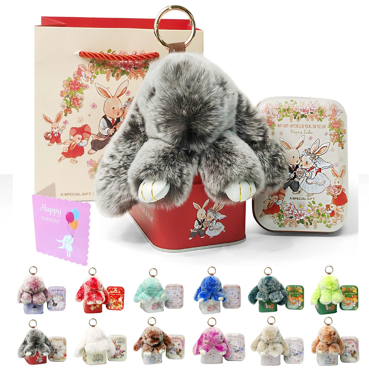 Mingri Soft Bunny Lulu Keychain With Tin,Valentines Day Gifts For Her Handmade Bunny Lulu Keychain,Plush Cute Charm Gift (Grayis