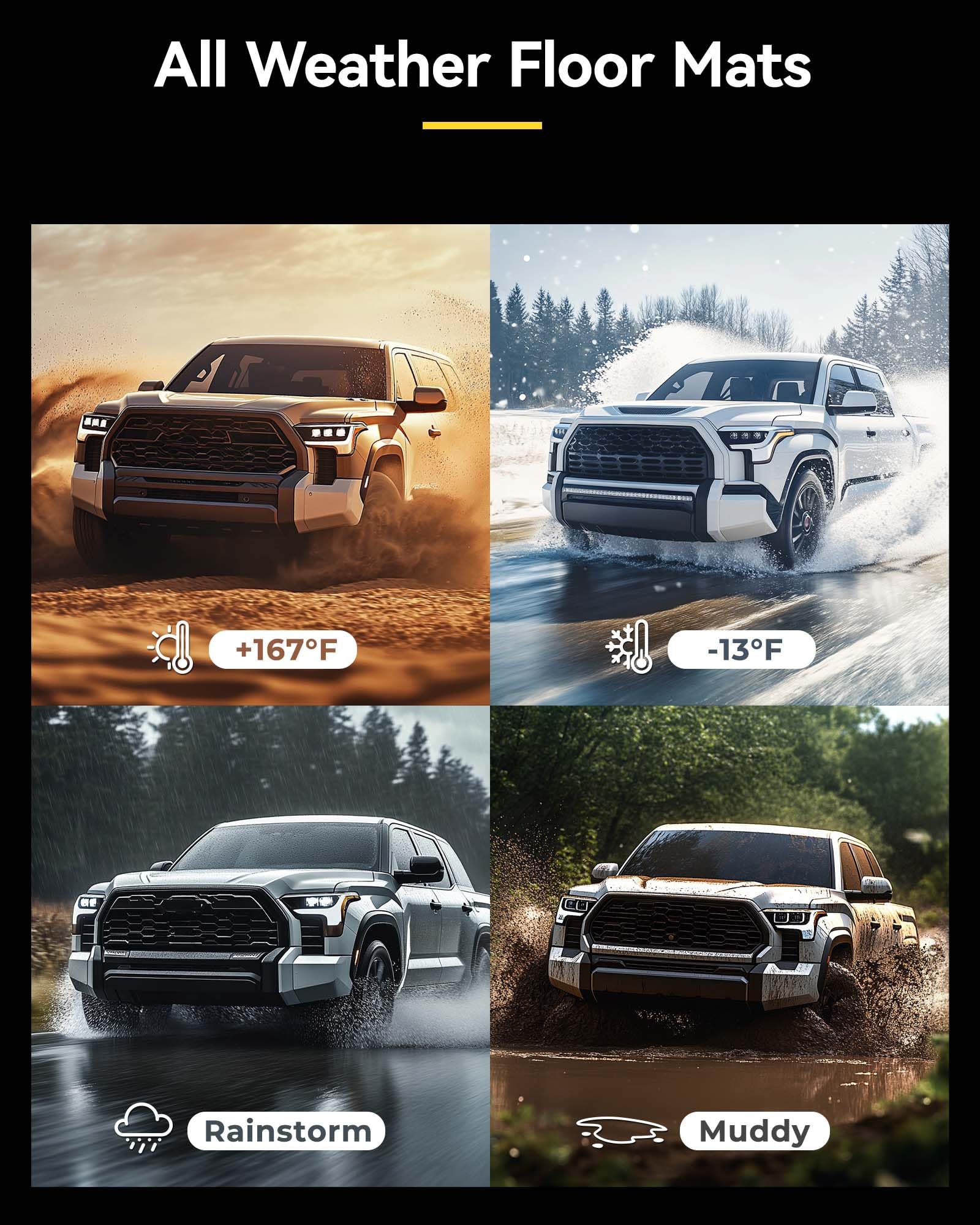 3W Floor Mats Fit 2022-2024 2025 Toyota Tundra (Only For Crewmax Cab), Custom Fit All-Weather Tpe Front & Rear Row Floor Liner B