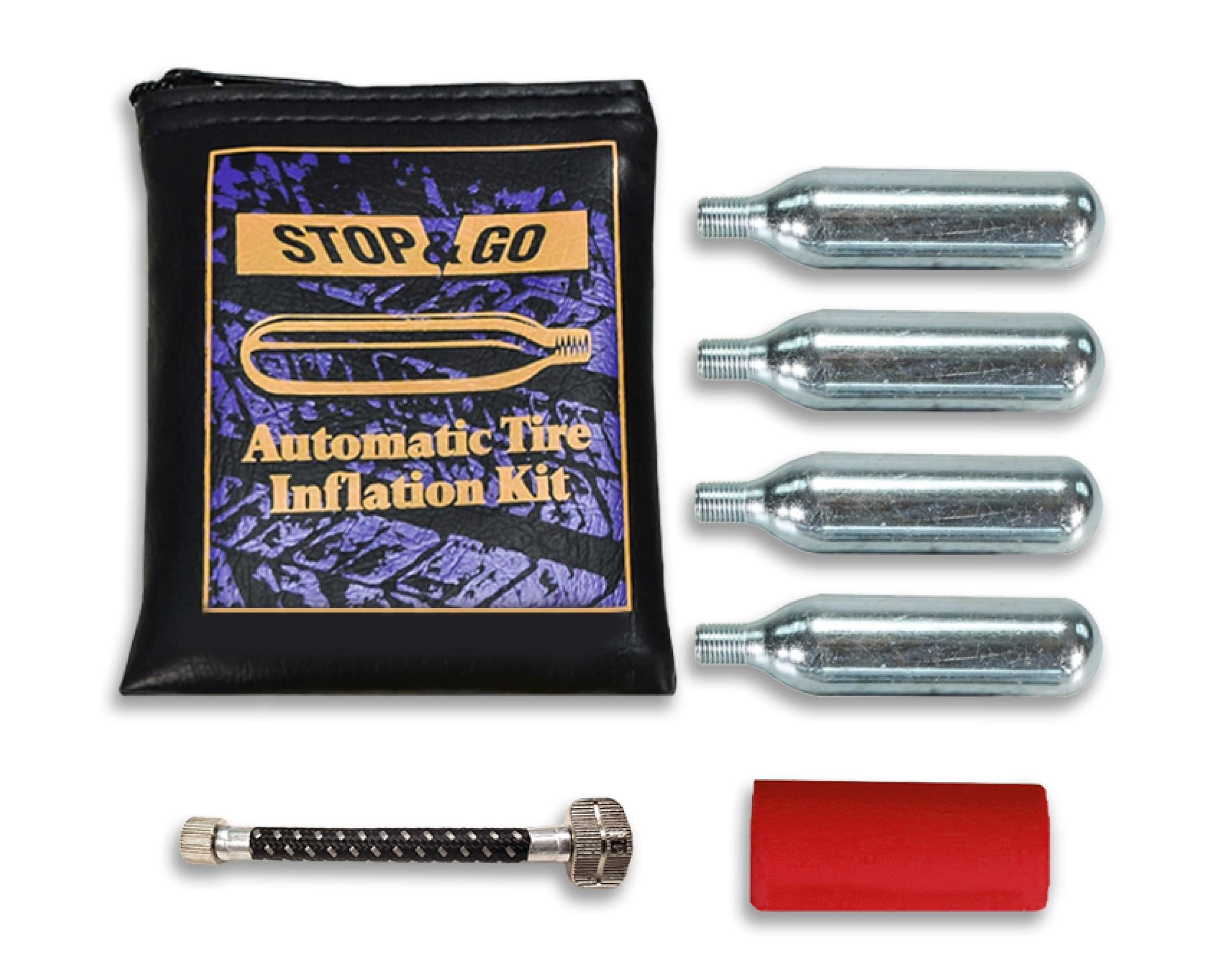 Stop & Go 1090 7 Piece Tire Inflation Kit with CO2, Hose, Sleeve & Storage Bag for Flats on Motorcycle, ATV, Lawn Mower, Golf Ca