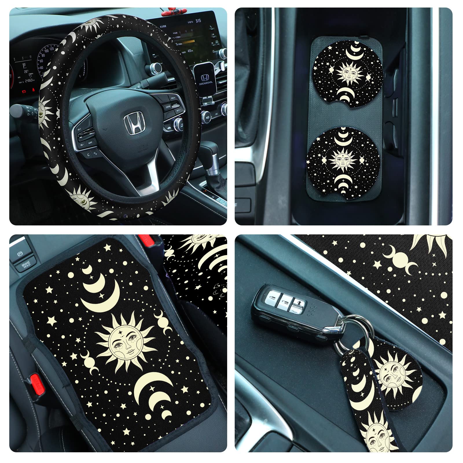 Fiada 10 Pcs Moon Star Car Seat Covers Full Set Car Accessories for Women Front Seat Cover Steering Wheel Armrest Cover Belt Cov