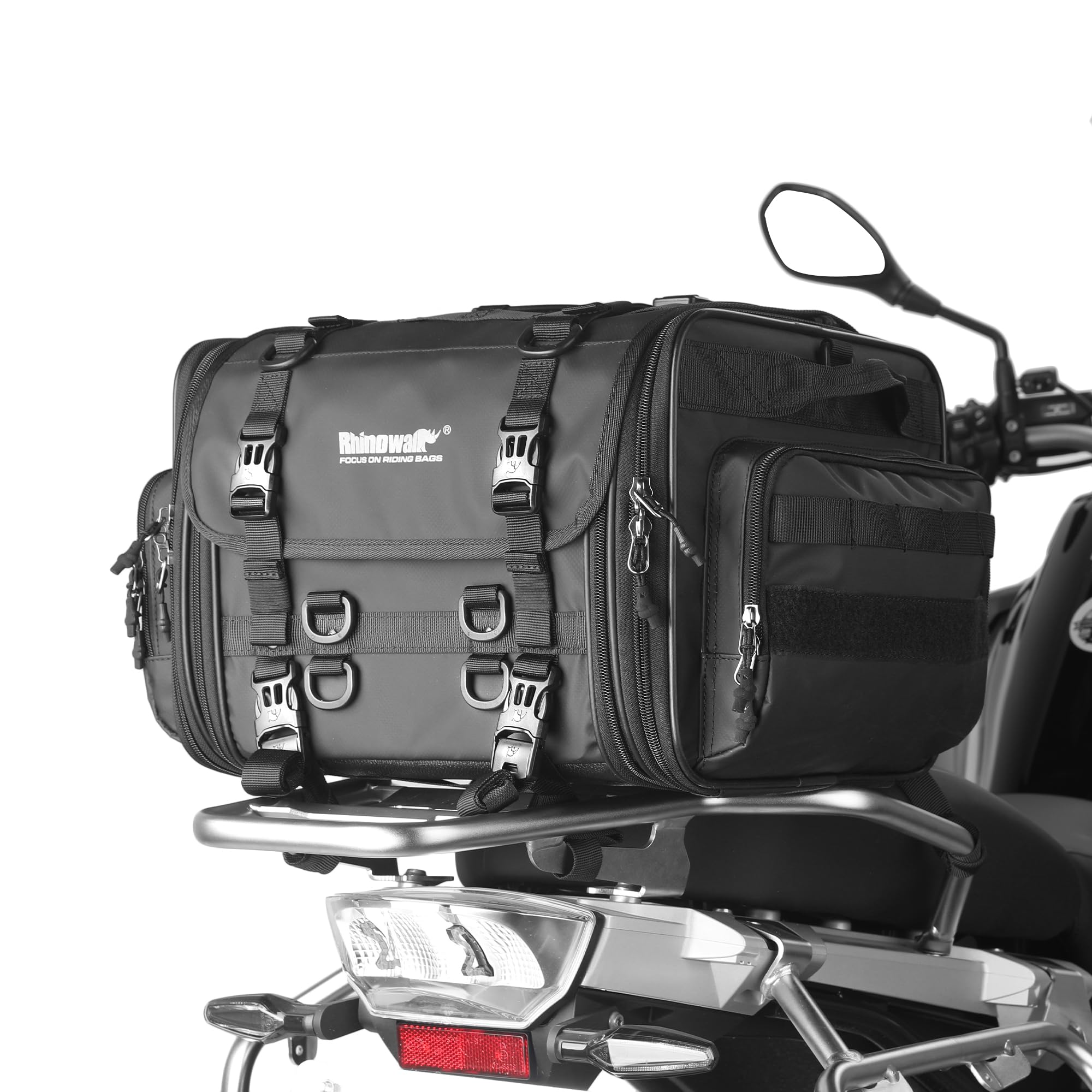 Rhinowalk Motorcycle Tail Bag, Expandable Motorcycle Travel Luggage Bags 33-45L, Waterproof All-Weather Trunk Rack Bag With Siss