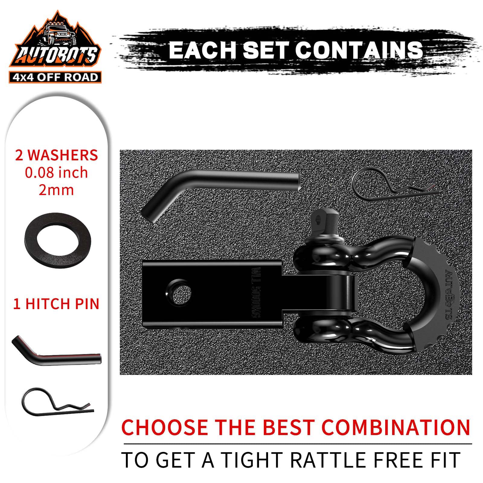 AUTOBOTS Tow Hitch Receiver 2'', 45,000 Lbs Break Strength Shackle Hitch Receiver with 5/8'' Hitch Pin, 3/4 D Ring Shackle, Towi
