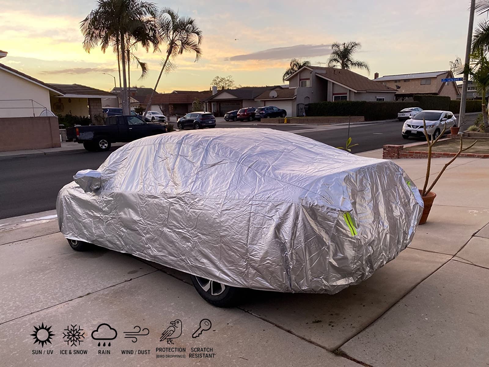 Tecoom Heavy Duty Multiple Layers Car Cover All Weather Waterproof Windproof Reflective Snow Sun Rain Protective Outdoor With Buckles And Belt Fit 191-200 Inches Sedan