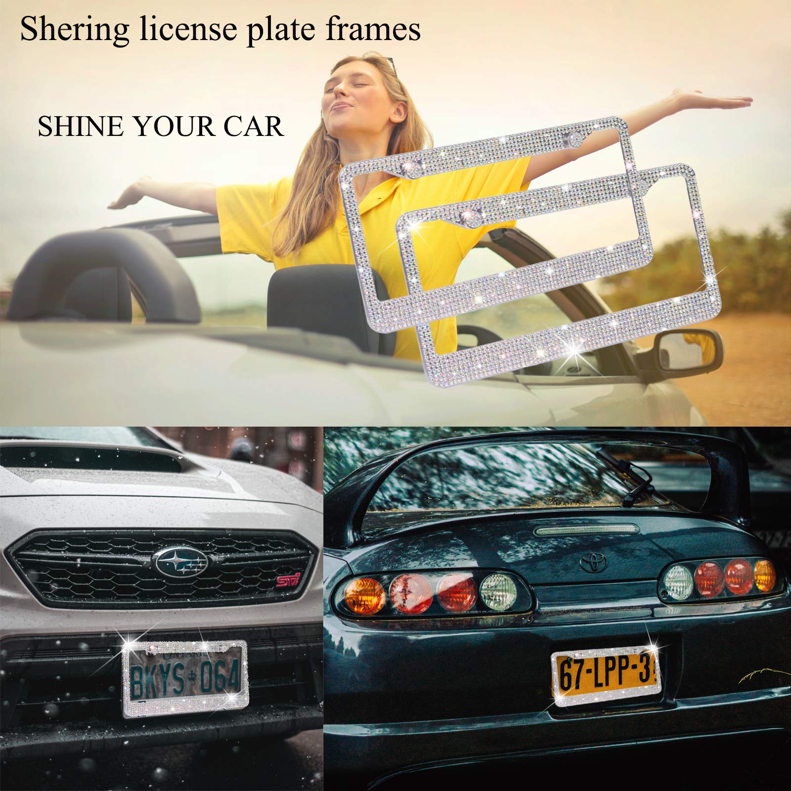 Shering Bling License Plate Frame, 2 Pack Frame With Premium Gift Box For Women,Rhinestone Frames 1200Pcs Rhinestones(Colorful R