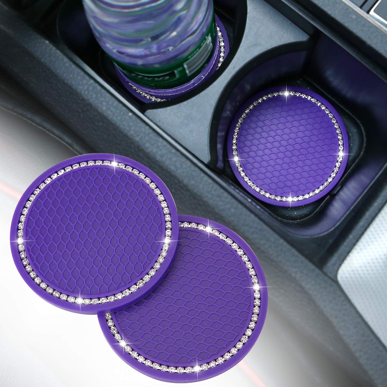 2 Pack Bling Car Cup Coasters Universal - 2.75 Inch Silicone Anti Slip Crystal Rhinestone Rubber Pad Set Round Auto Drink Coaste