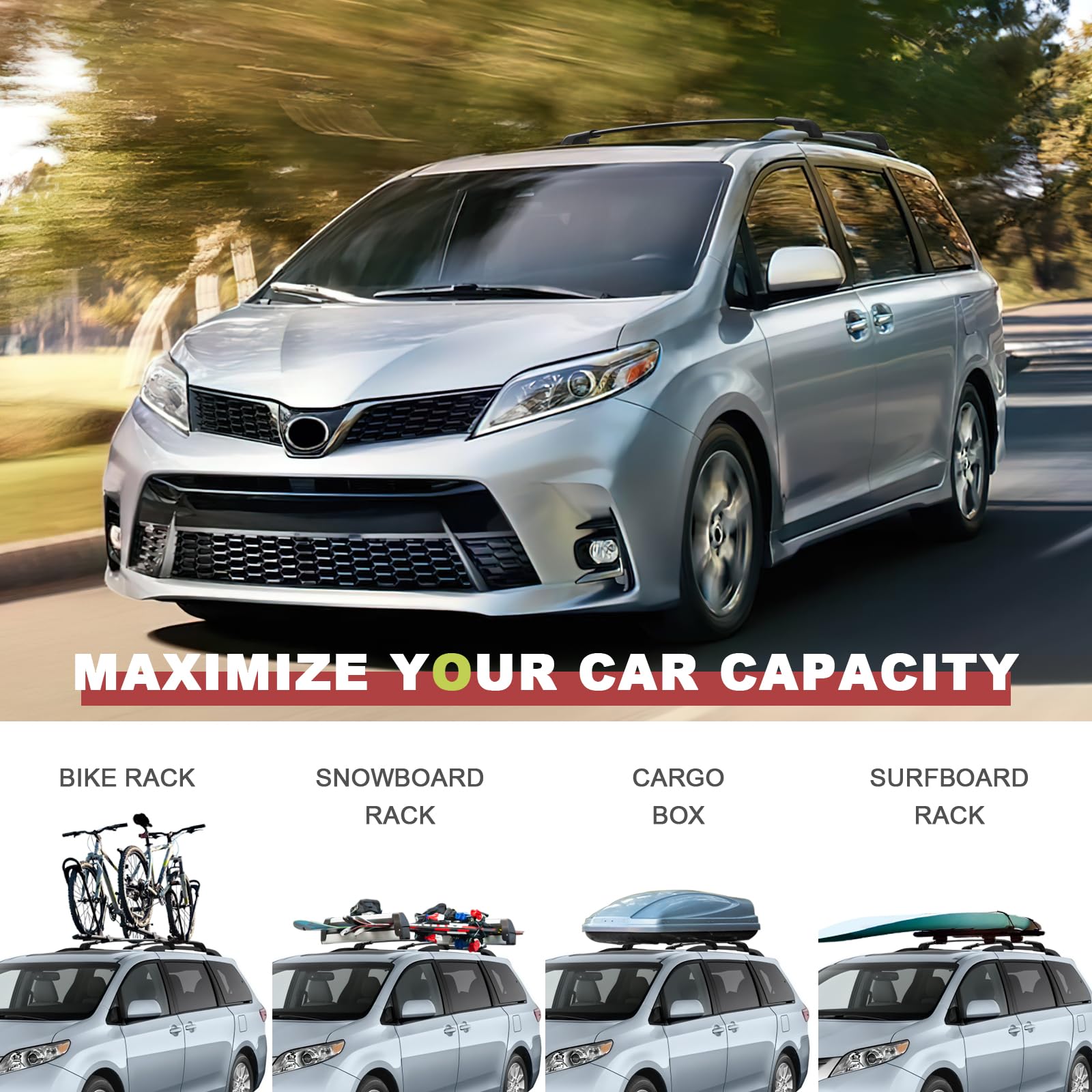 Kinggeri Lockable 220Lbs Roof Rack Cross Bars Compatible With Toyota Sienna 2011-2020 (With Raised Side Rails)