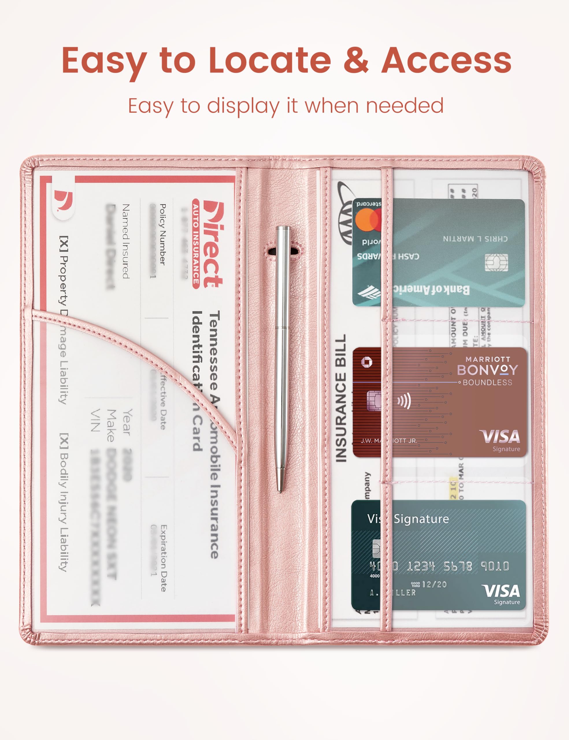 Yarnic Car Registration And Insurance Holder, Car Document Holder With Magnetic Closure, Car Accessories Wallet For Driver License, Cards And Other Essential Documents (Rose Gold)
