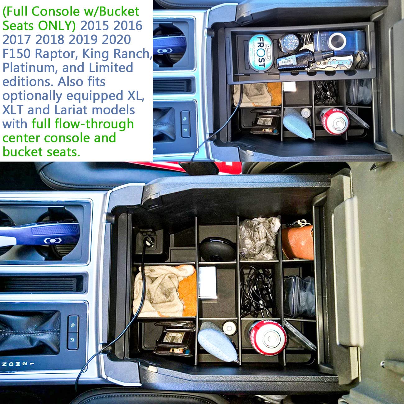 Tacobro Center Console Organizer Dividers Compatible With 2015-2018 2019 2020 Ford F150 Accessories Black Abs Plastic Armrest Box Insert Secondary Storage, Full Console W/Bucket Seats Only