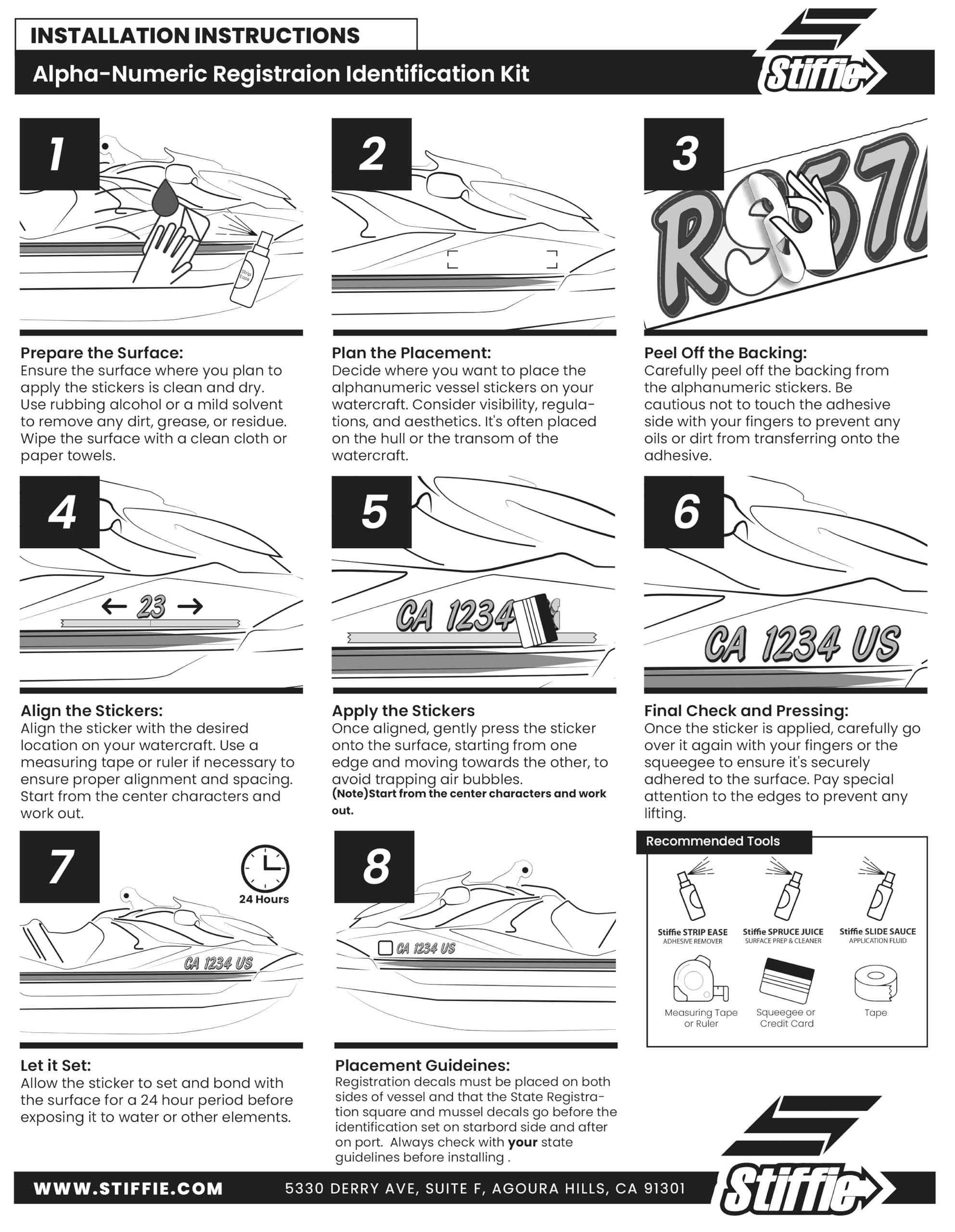 Stiffie Techtron Black/White 3 '' Boat & Pwc Registration Decals  Numbers Letters Stickers