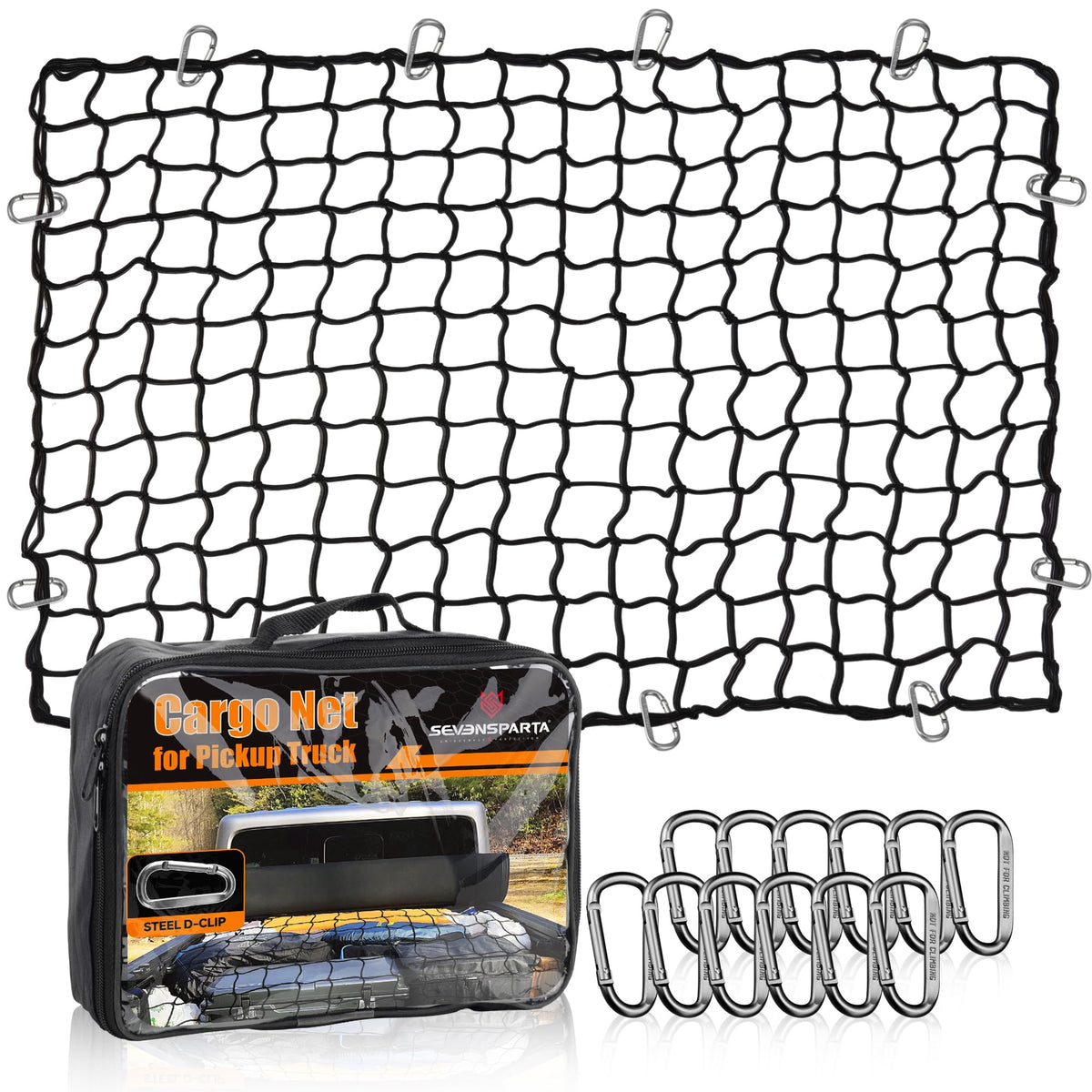 Seven Sparta 4 X 6 Bungee Cargo Net Stretches To 8' X 12' For Truck Bed, Pickup Bed, Trailer, Trunk, Suv With 12 Bonus D Clip Ca