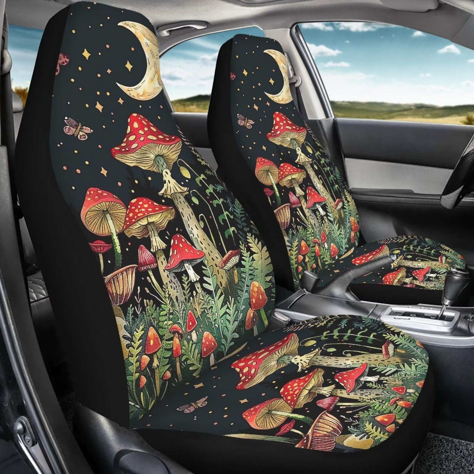 Bigcarjob Mushroom Print Car Seat Cover Set For Front Seat Only,Moon Star Mushroom Print Auto Front Seat Protector Full Set Car