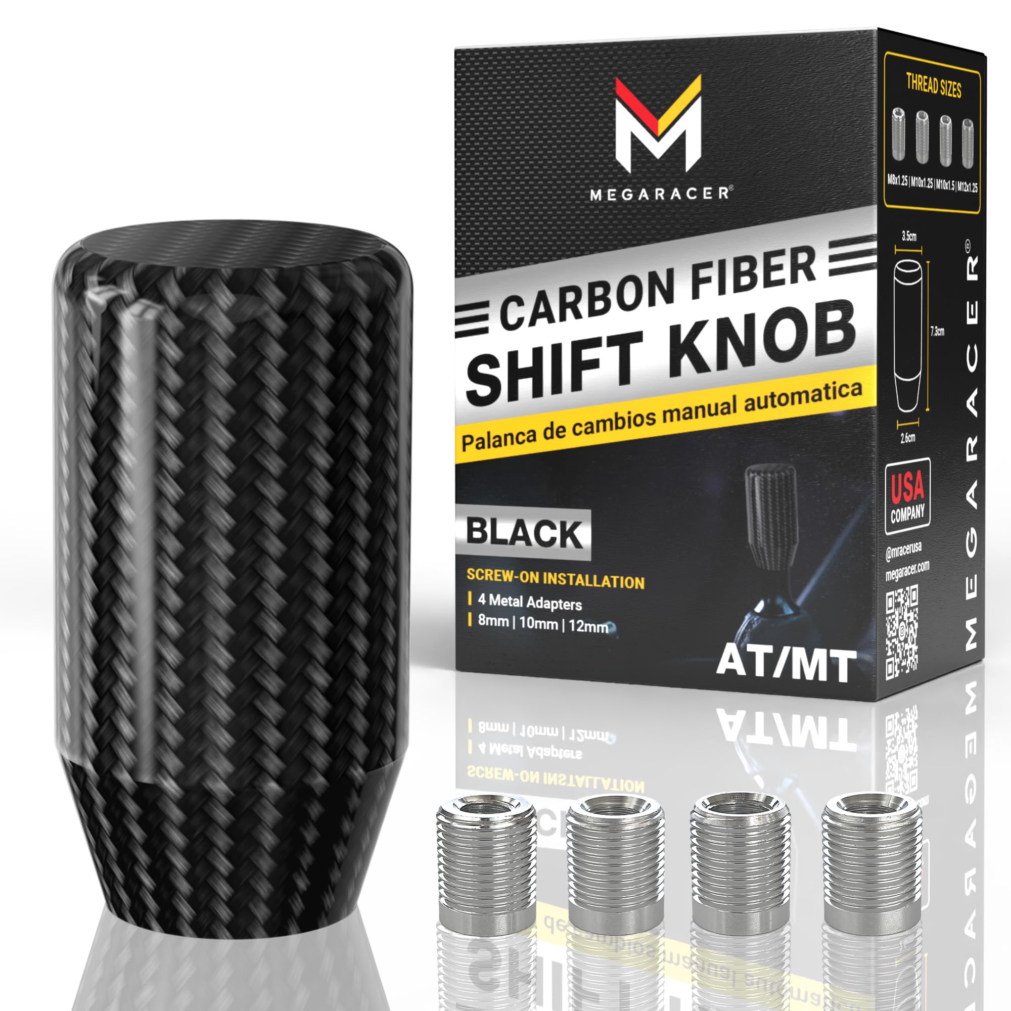 Mega Racer 7 Cm Real Carbon Fiber Shift Knob - For Buttonless Automatic & 4, 5 And 6 Speed Manual Transmission Vehicles, 100% Ca