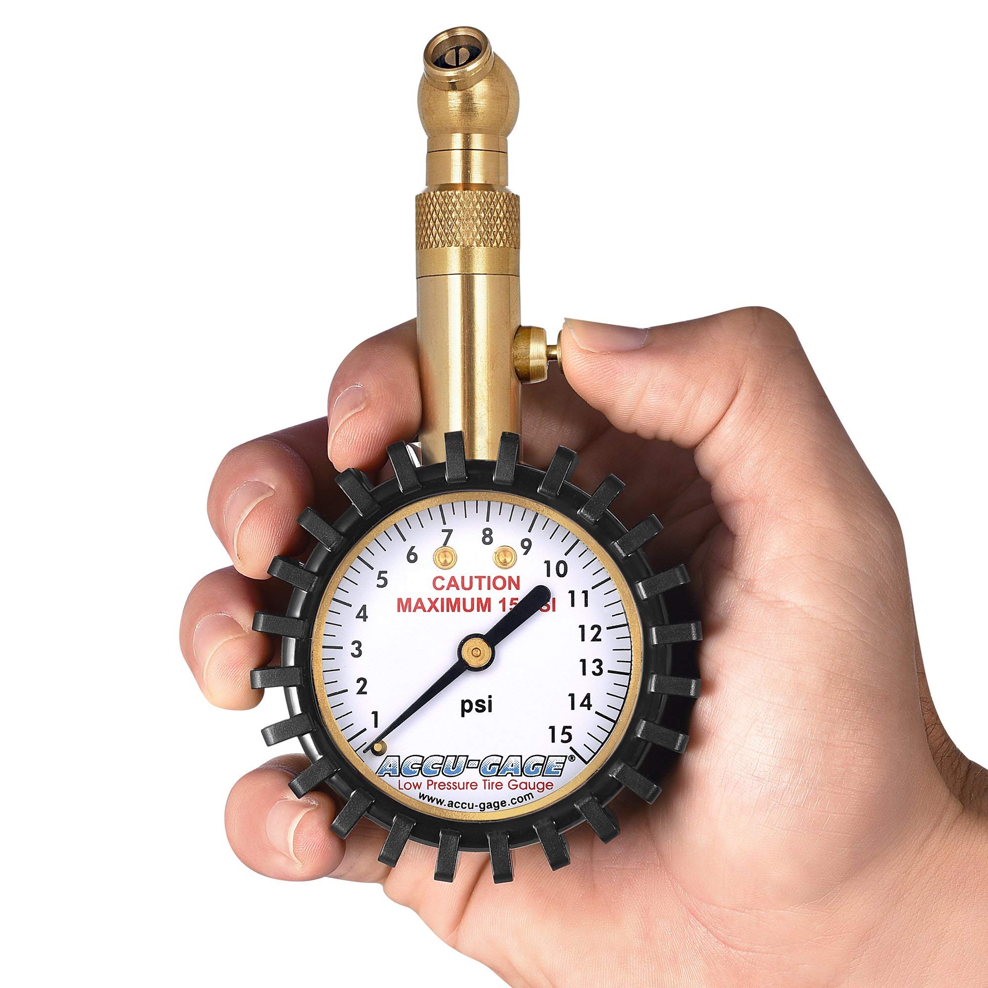 Accu-Gage Low Pressure Tire Gauge with Protective Rubber Guard, Angled Chuck, 15psi