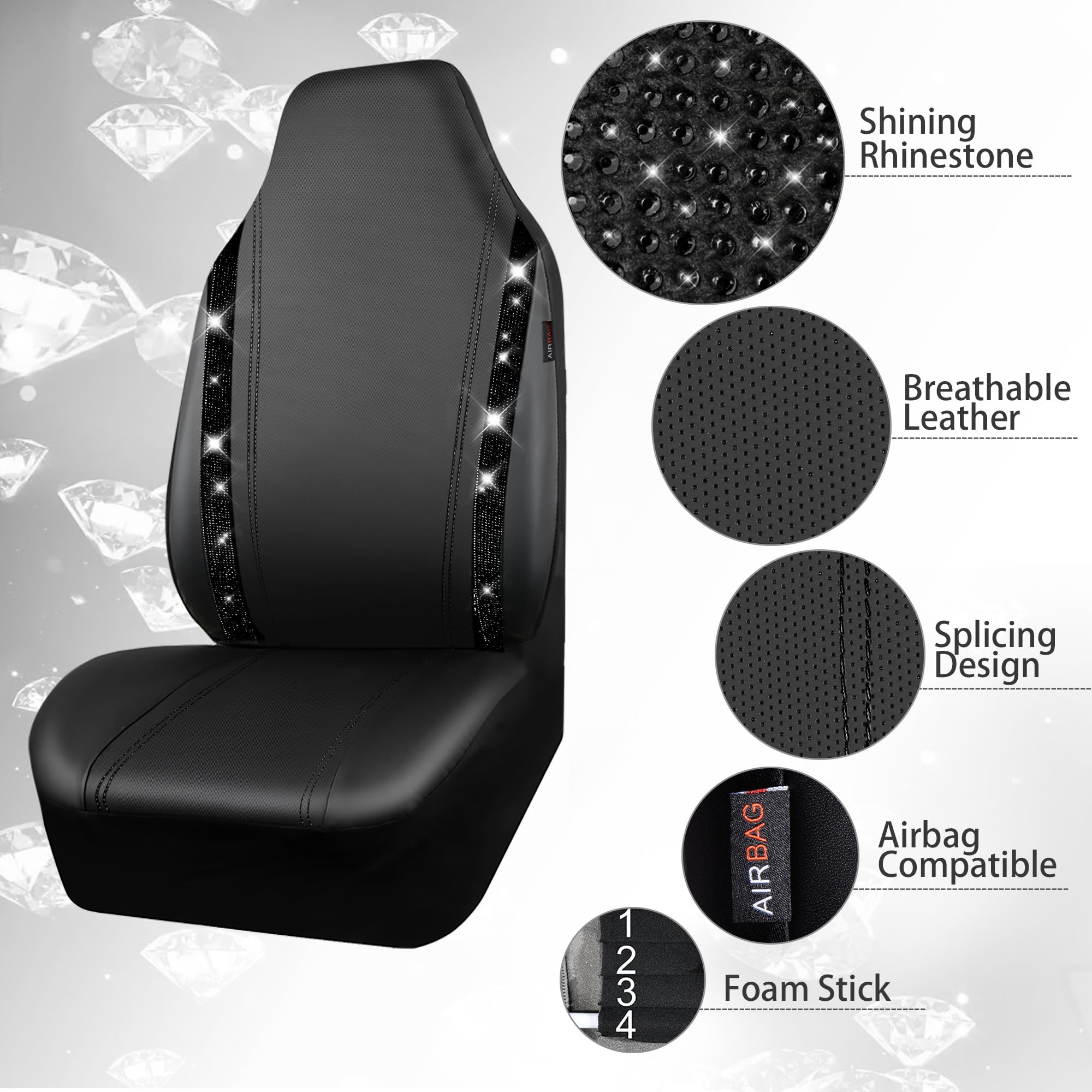 Car Pass Leather Car Seat Covers High Back Bucket Bling Diamond Front Seats, Waterproof Universal Shining Glitter Crystal Sparkl