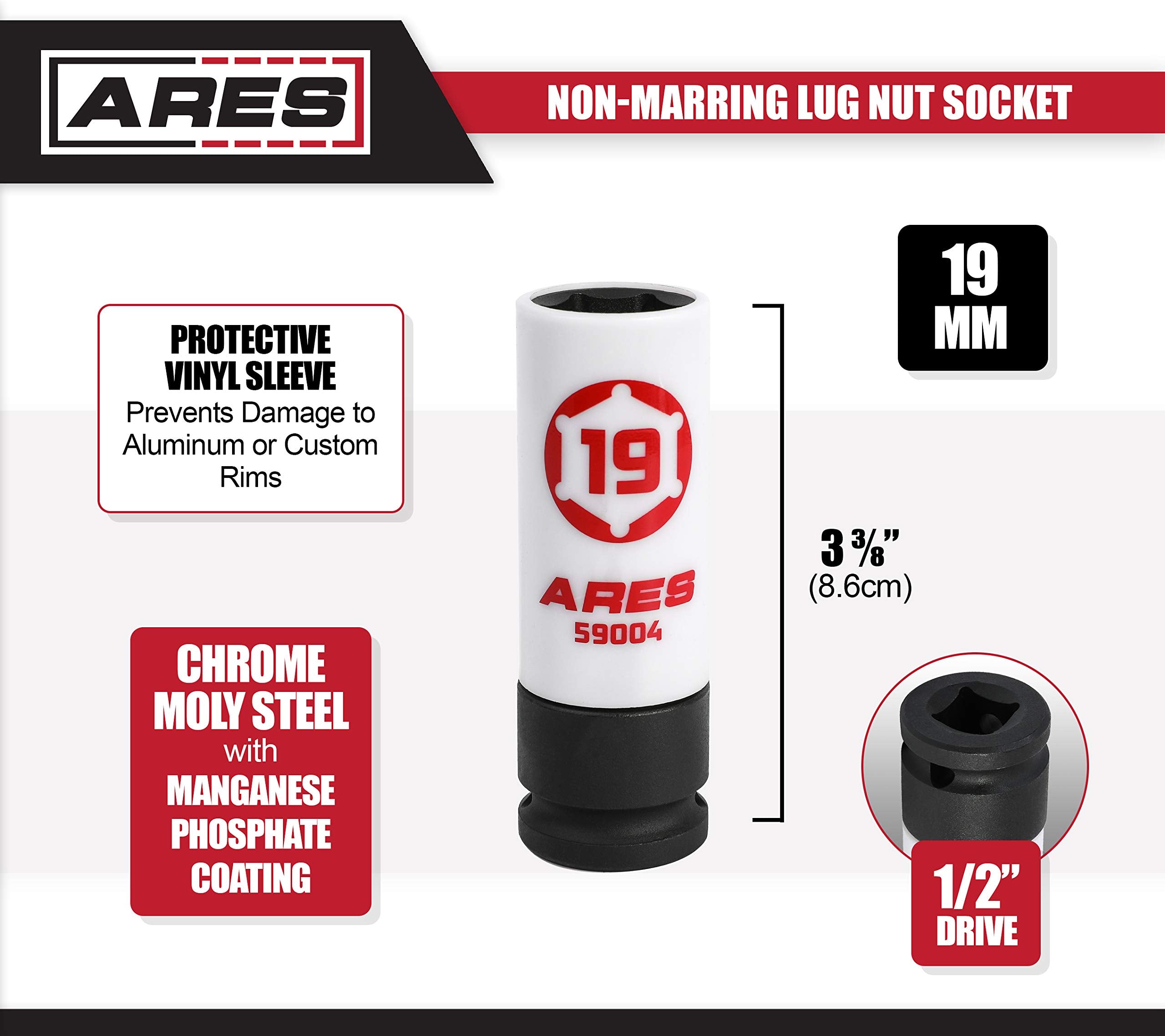 Ares 59004-19Mm 1/2-Inch Drive Non-Marring Impact Lug Nut Socket - Protective Sleeve Prevents Damage To Custom Rims & Lug Nuts -