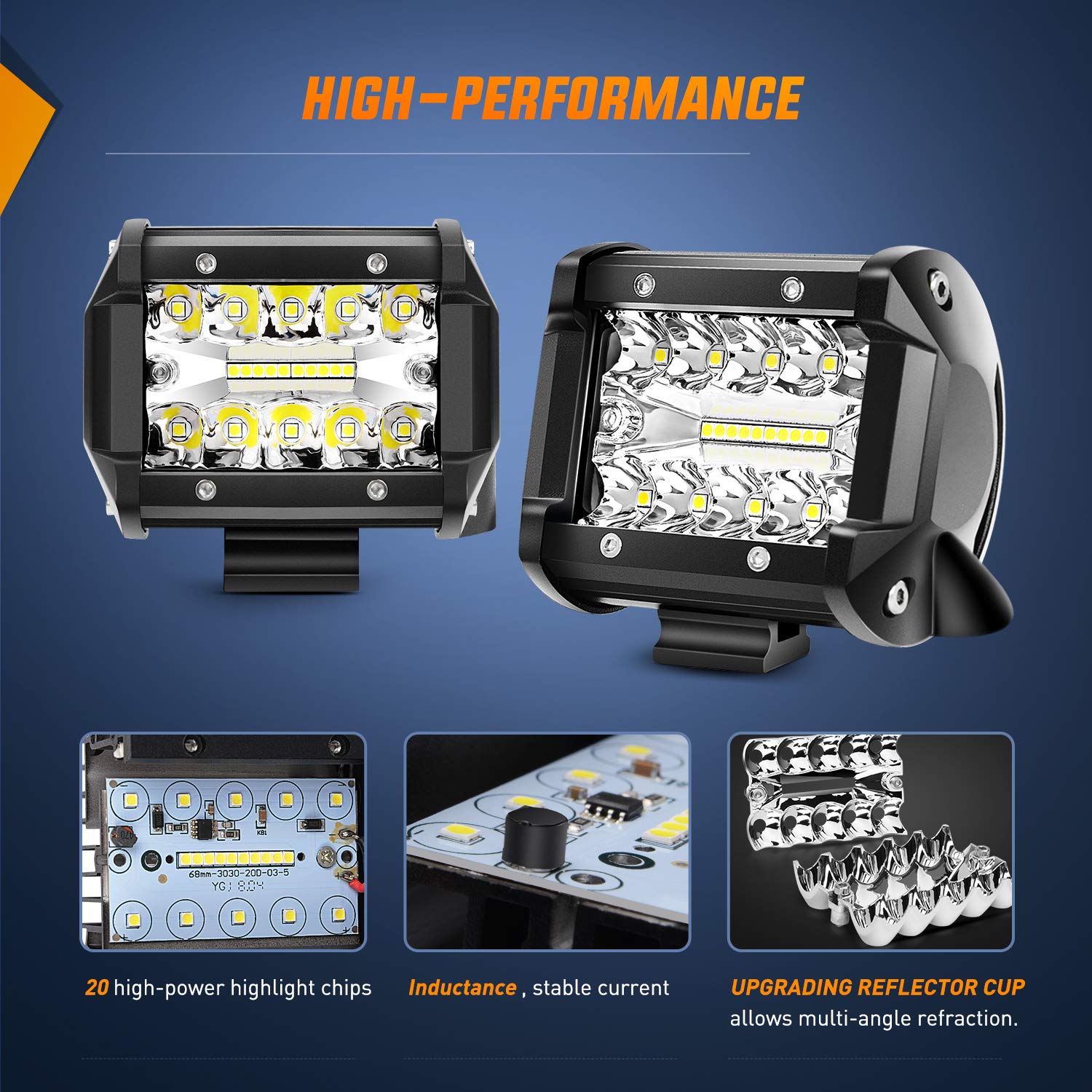 Nilight 2Pc 4Inch Triple Row Lights 60W Flood Spot Combo 6000Lm Bar Driving Boat Led Off Road Trucks With Adjustable Pillar Hood