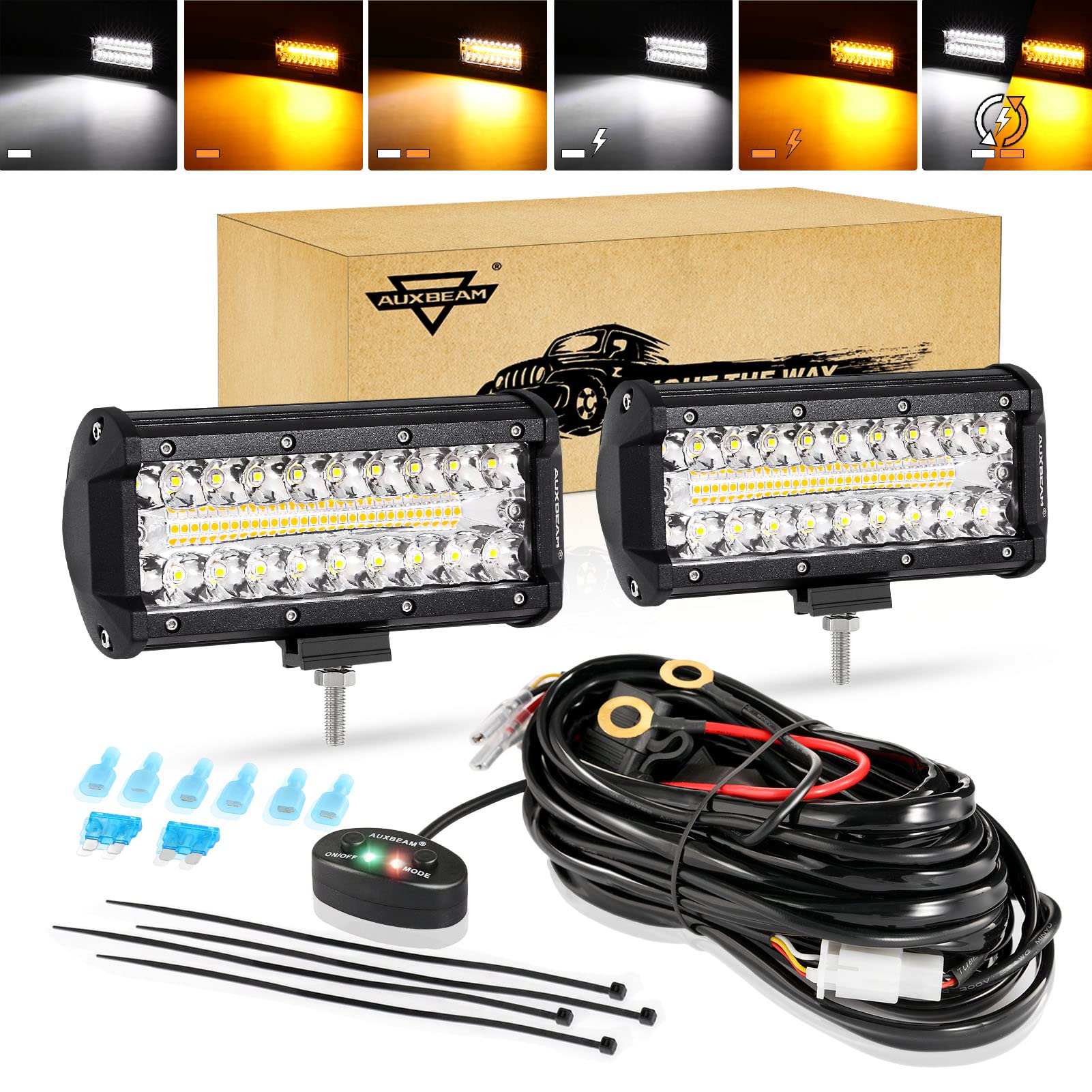 Auxbeam 7 Inch Led Light Bar 300W Amber White Light Pod 6 Modes Offroad Lighting Led Driving Light Spot Work Light Pod With Wiri