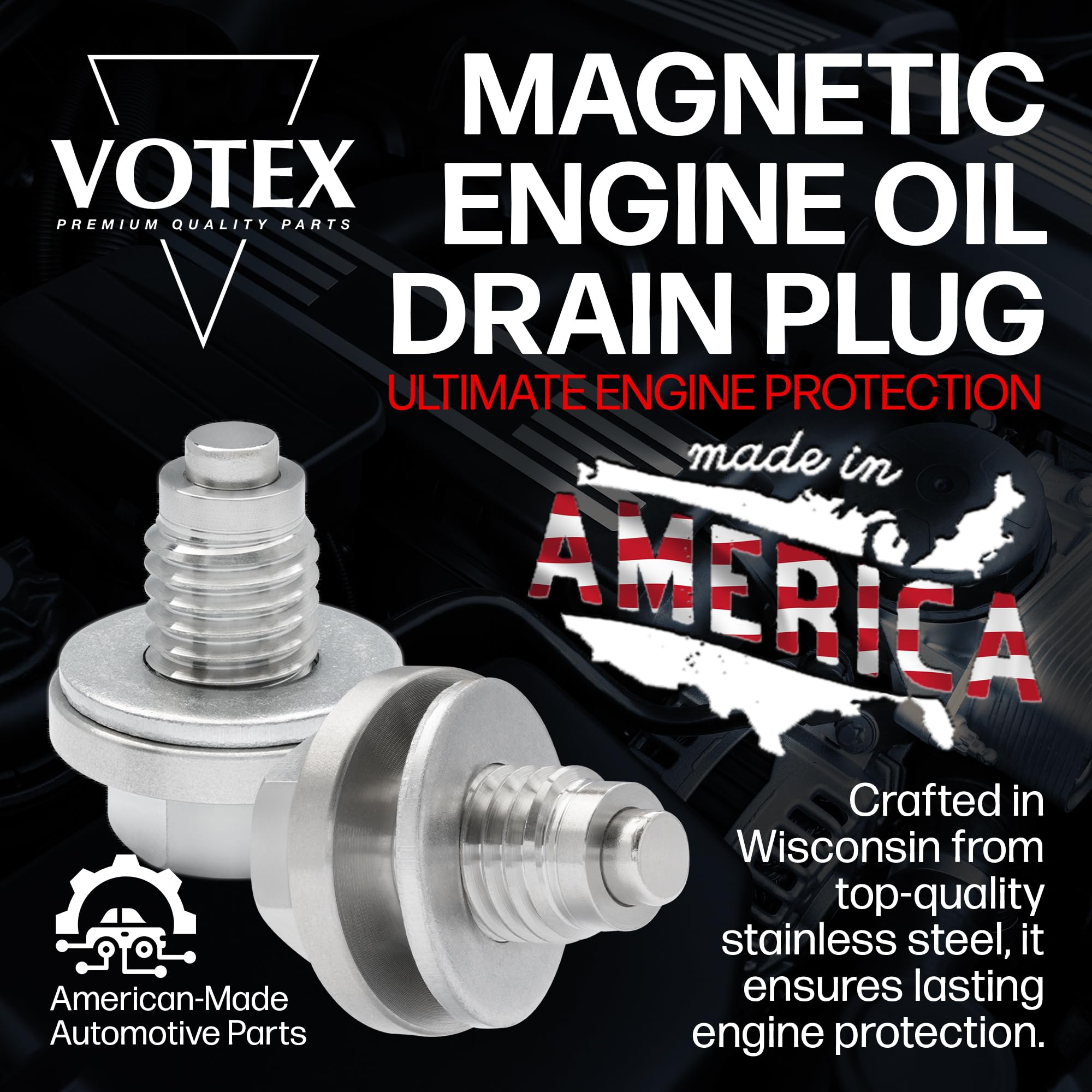 Votex - Made In Usa - M12 X 1.75 Magnetic Engine Oil Drain Plug Fits Buick, Chevrolet, Cadillac, Ford, Gmc - Stainless Steel - P