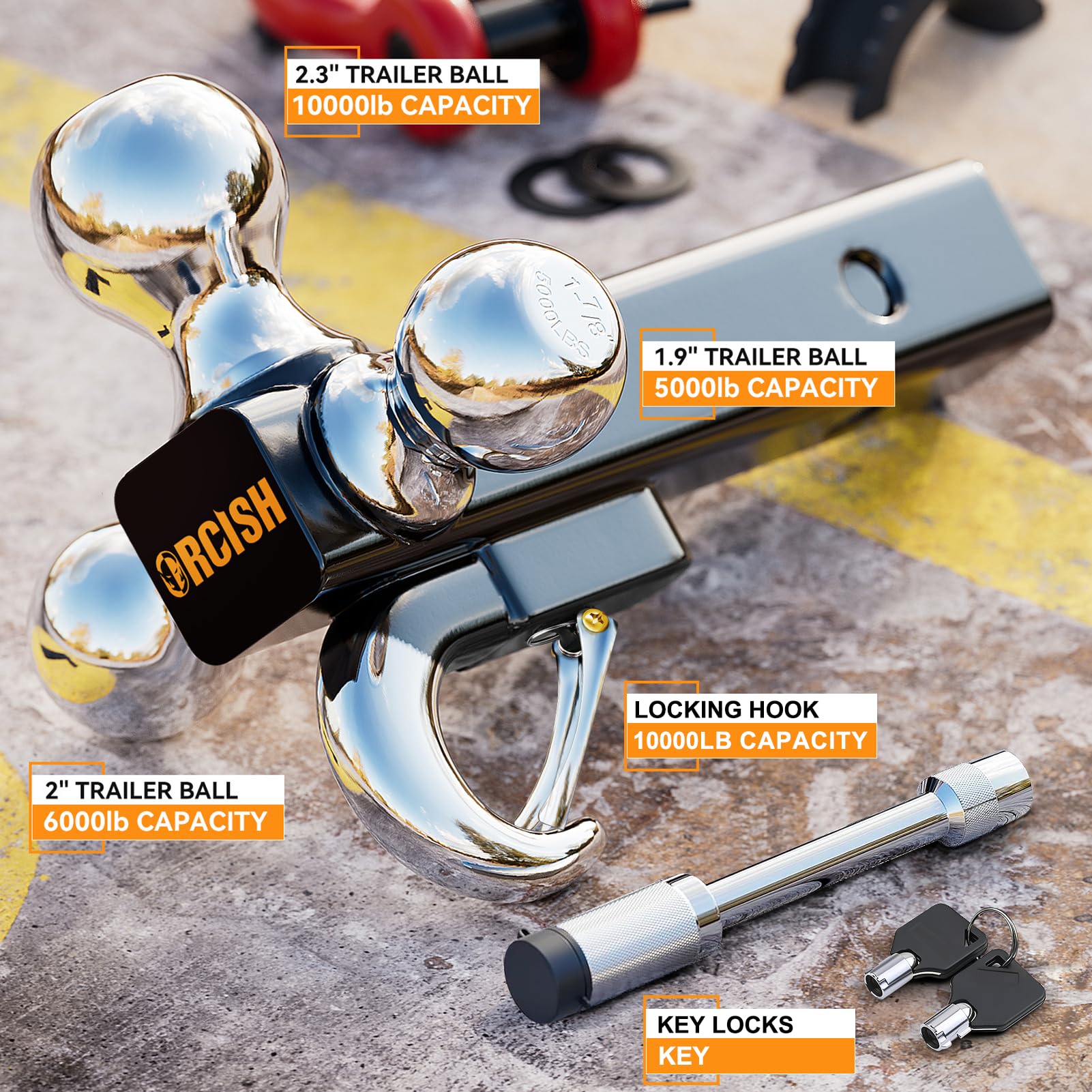Orcish Trailer Hitch Tri-Ball Mount With Hook Contain Secure Self-Lock Latch, Trailer Ball Size 1-7/8'', 2'' And 2-5/16'', Fit 2