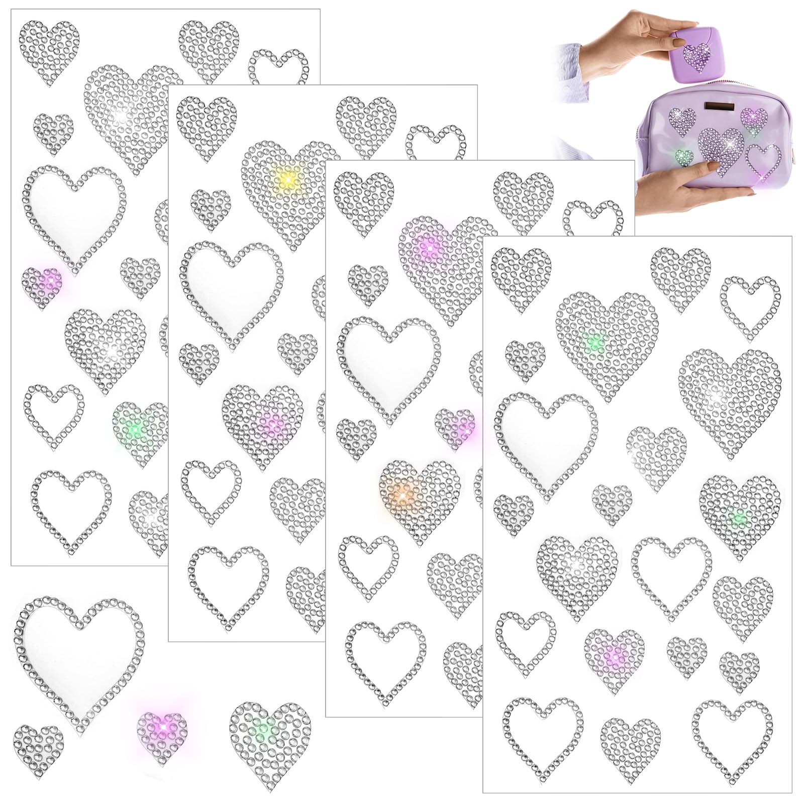 Epakh 84 Pcs Valentine Rhinestone Heart Stickers Glitter Bling Heart Crystal Silver Self Adhesive Sticker For Holiday Decal Deco