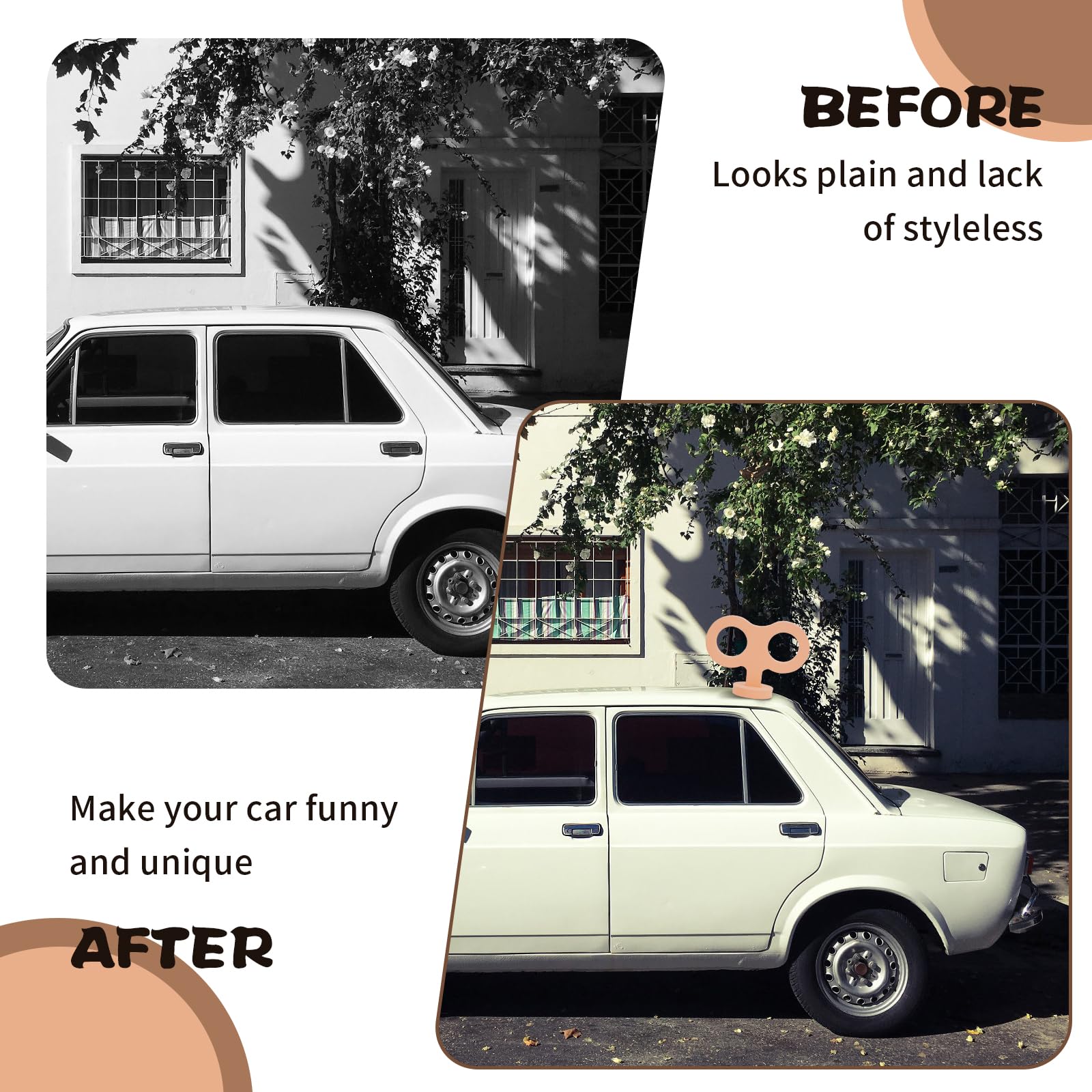 COGEEK 3D Car Wind Up Key, Cute Clockwork Wind Up Key for Back of Car Roof Decoration(Light Orange