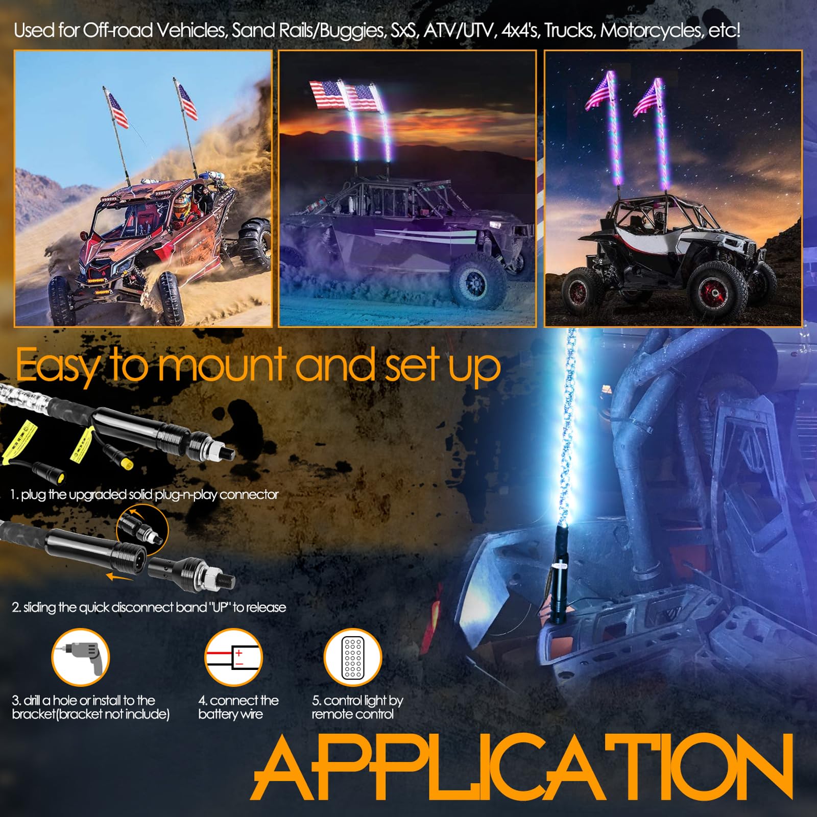 Nirider 2Pcs 5Ft Led Whip Lights With Flag Pole Remote Control Spiral Rgb Chase Light Offroad Warning Lighted Antenna Led Whips