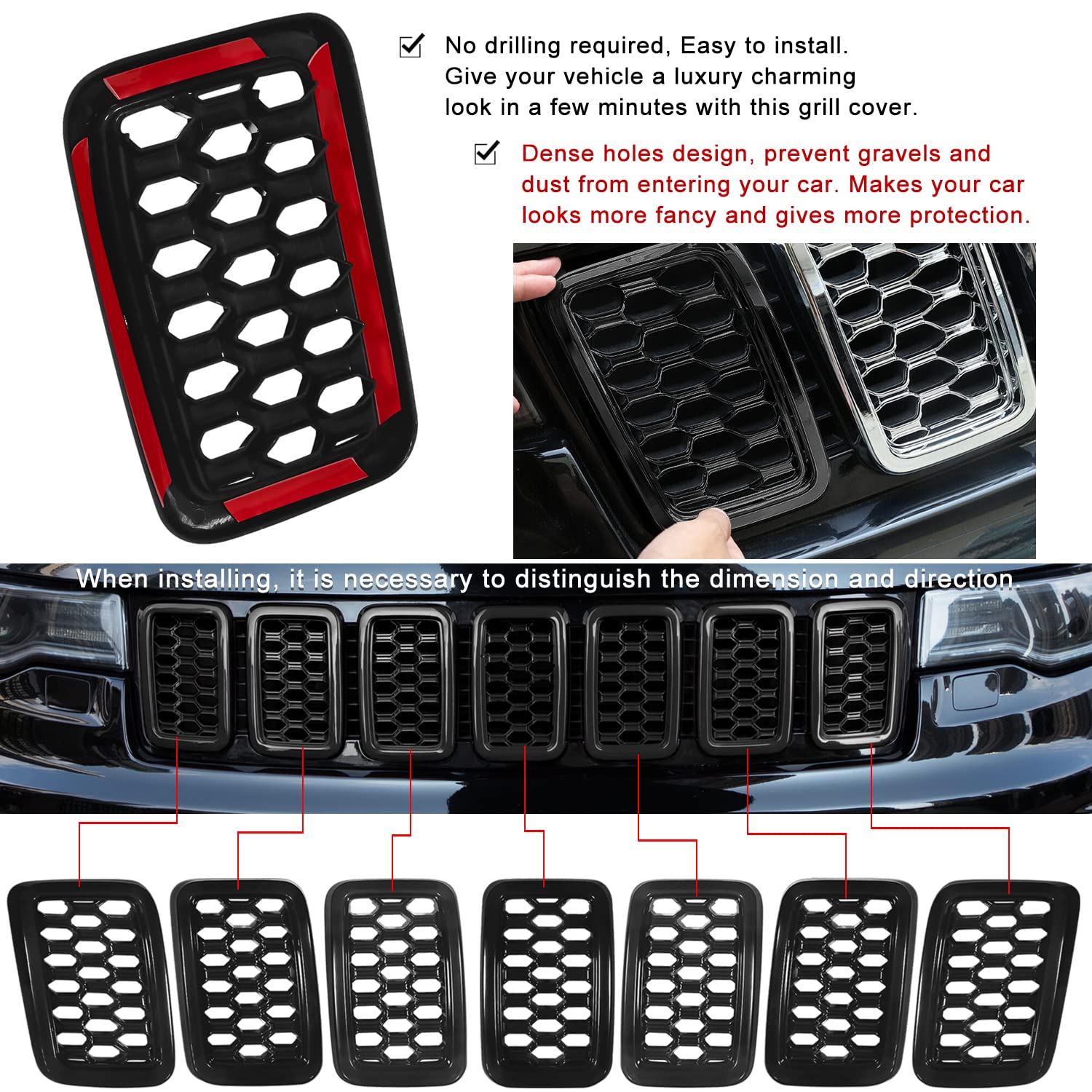Grill Inserts Rings Covers For Jeep Grand Cherokee 2017 2018 2019 2020 2021 Honeycomb Grill Mesh Exterior Accessories Covers Inserts Kit (Black,7Pcs)