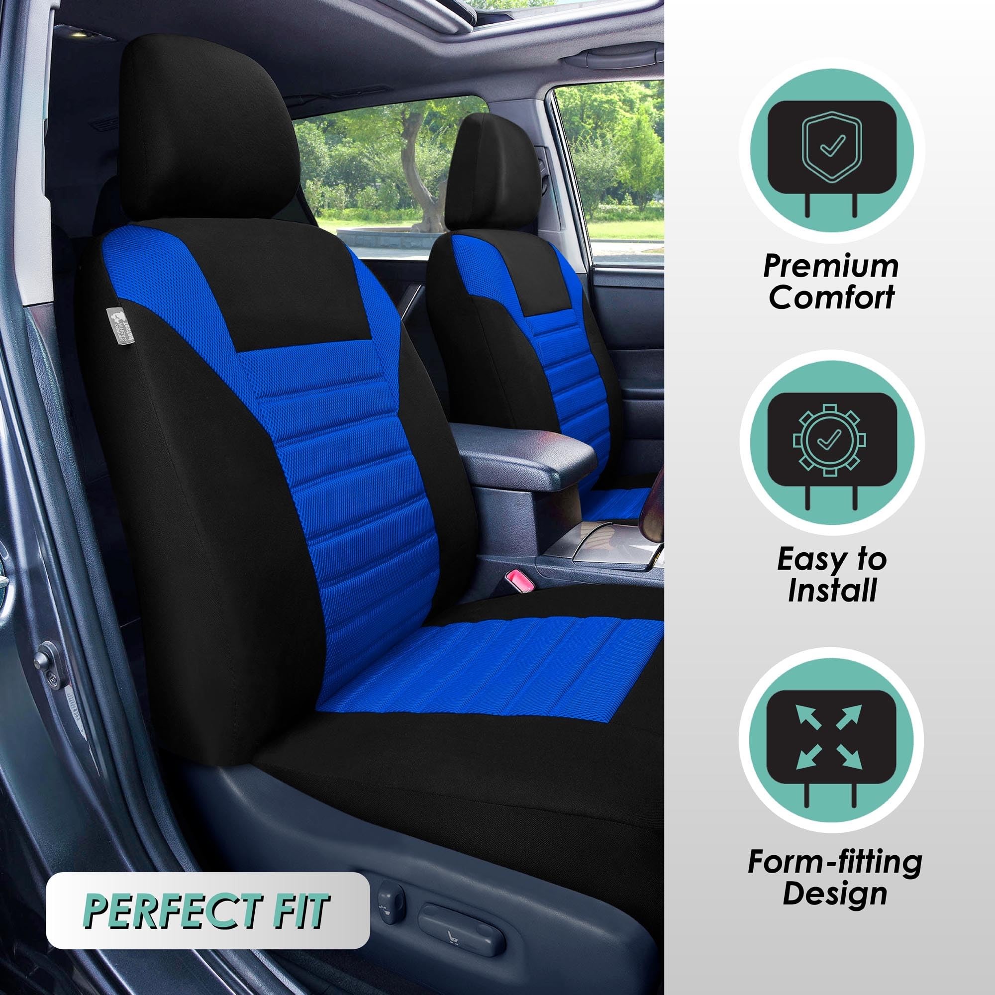 Fh Group Automotive Car Seat Covers Full Set Premium 3D Air Mesh Blue And Black Seat Covers, Airbag Compatible And Split Bench C
