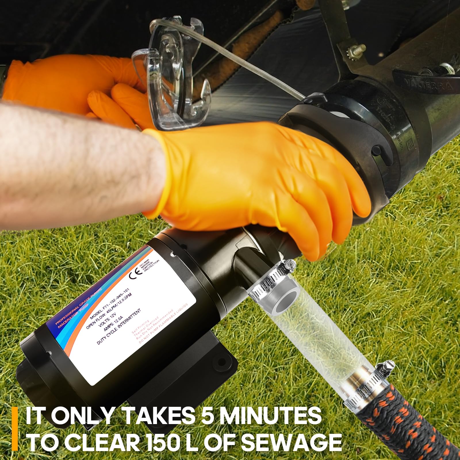 Macerator Pump For Rv With Storage Bag, 12V 12Gpm Rv Macerator With Quick-Release, Sewage Pump With Garden Hose Discharge Port F