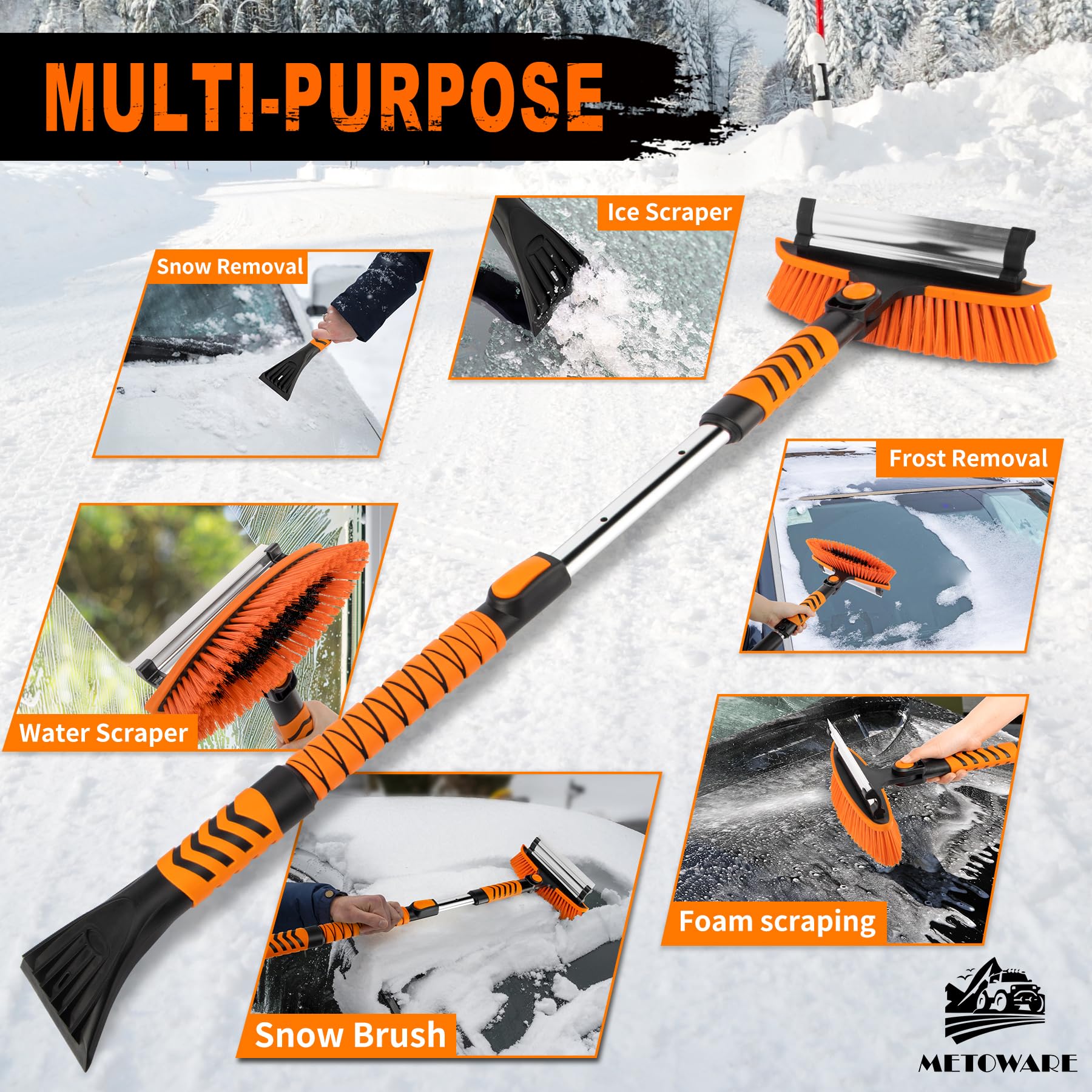 Metoware 42.2'' Snow Brush And Ice Scrapers For Car Windshield, Extendable Snow Brush For Car With Ergonomic Foam Grip And 360 P