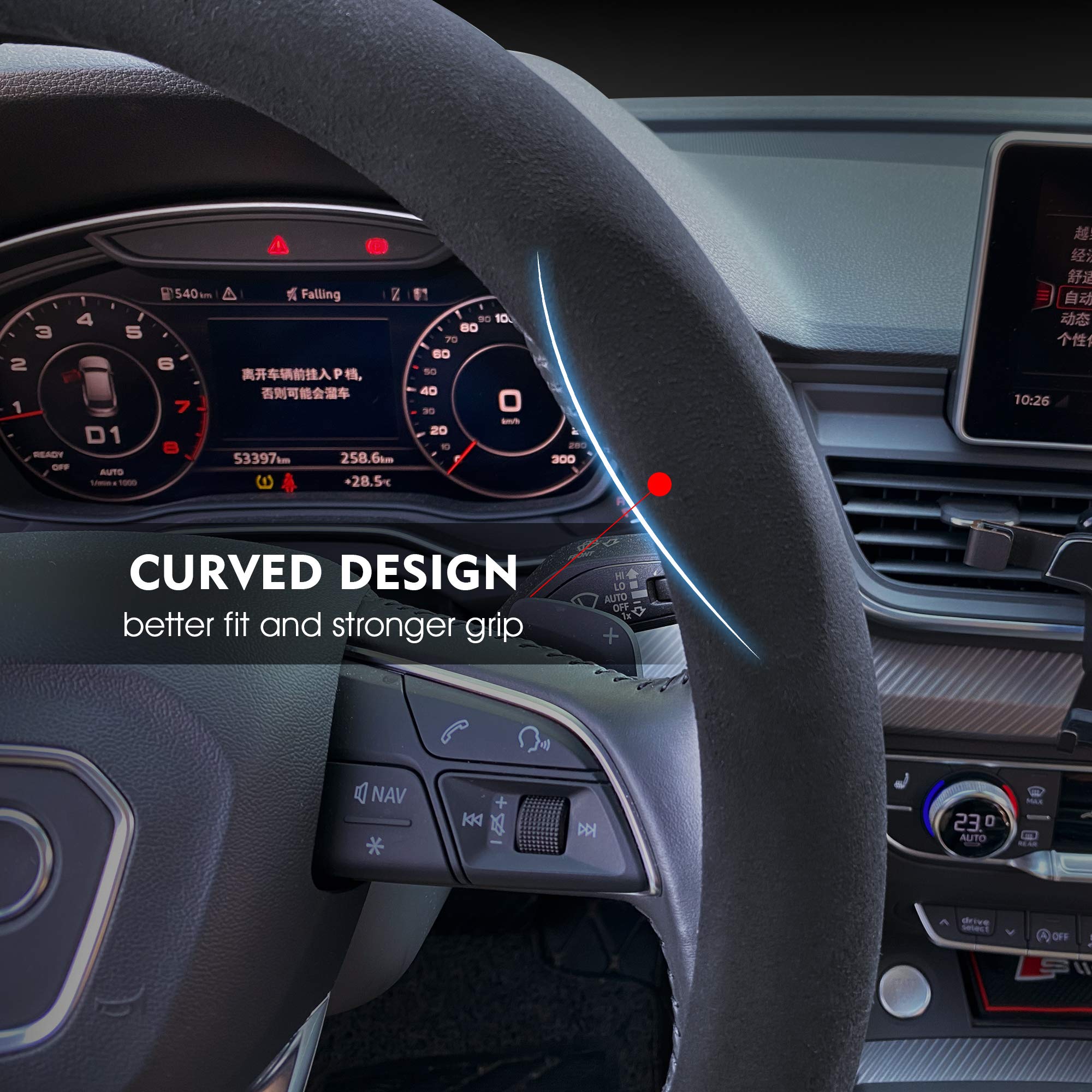 Carodi Car Suede Steering Wheel Cover Car Non-Slip Leather Car Interior Fitting 15-Inch Universal(D-Shape,Black Red Label)